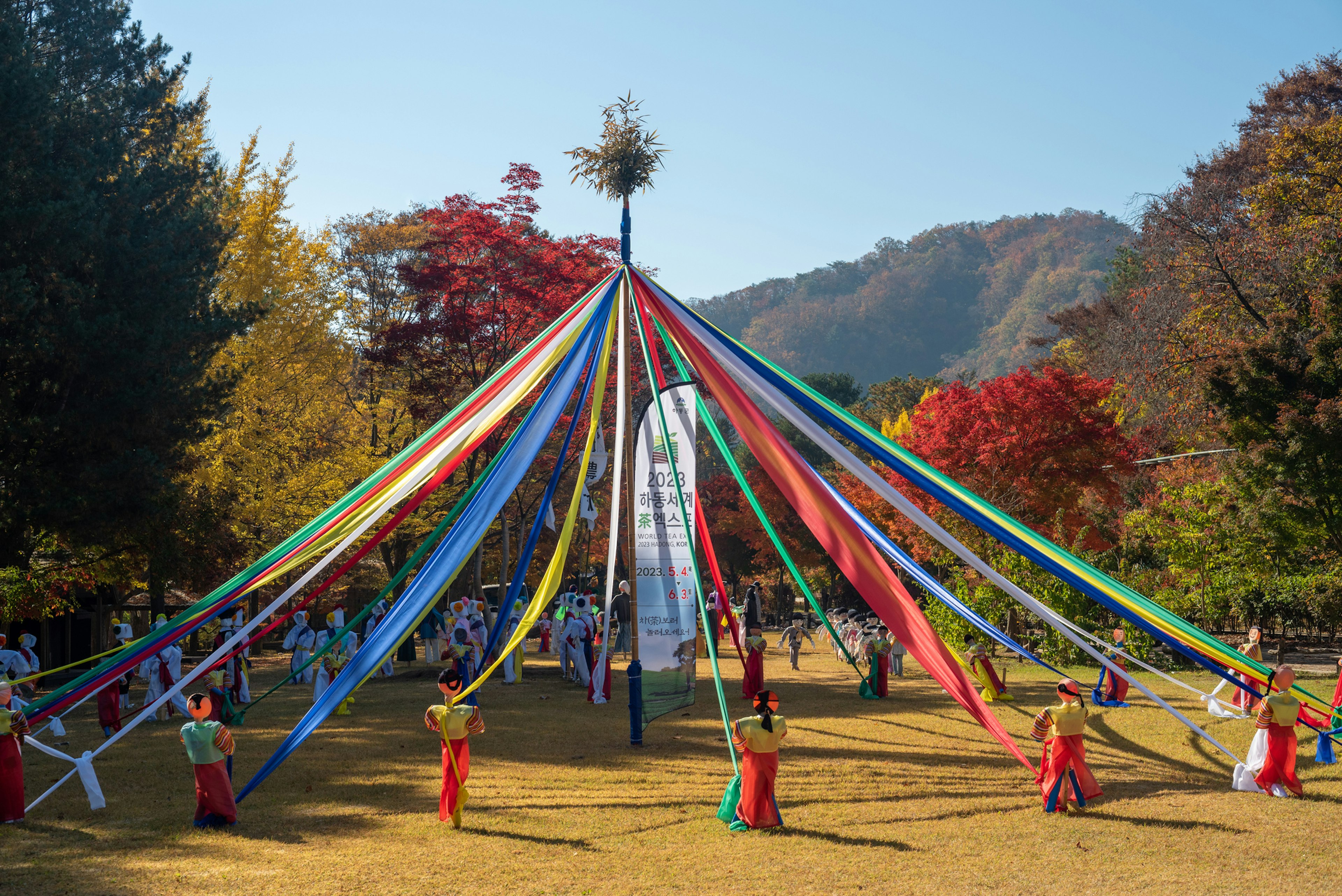 People participate in a traditional dance in a park with colorful ribbons streaming from the top of a tall pole in the center. The dancers, wearing traditional Korean hanbok, are evenly spaced around the pole, each holding a ribbon. The scene is set against a backdrop of autumnal trees in vibrant shades of red and yellow, under a clear blue sky. The festive atmosphere is enhanced by the bright colors of the ribbons and the traditional costumes, and the event appears to be part of a larger cultural o