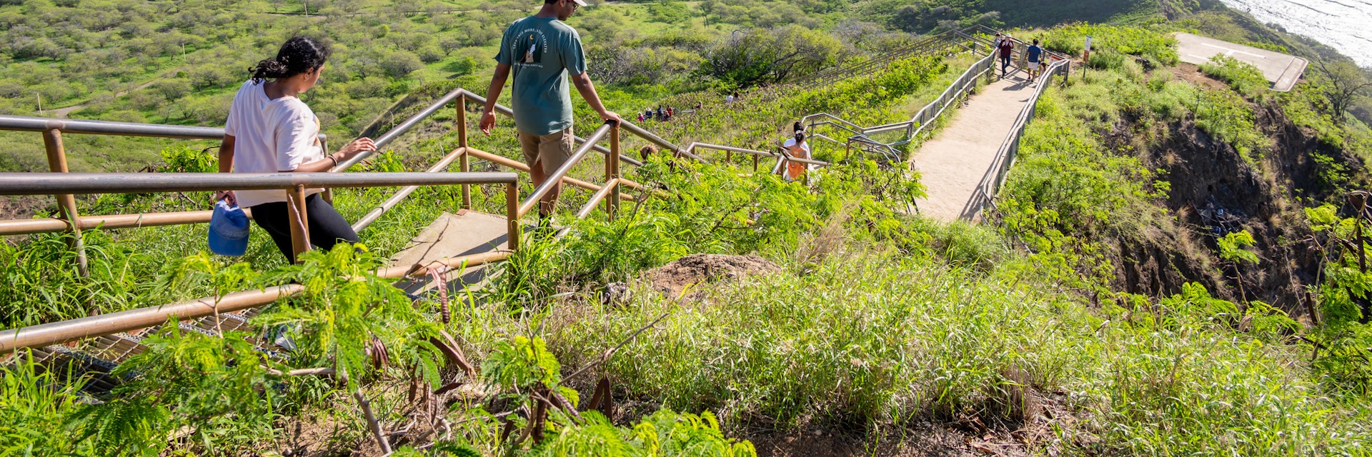 Honolulu, Hawaii - December 27, 2022:  Tourists hiking on the Diamond Head lookout trail.
1458042645
coast, diamond, hawaiian, hike, lookout, ocean, park, scenic, view, hawaii, landscape, outdoor, vacation