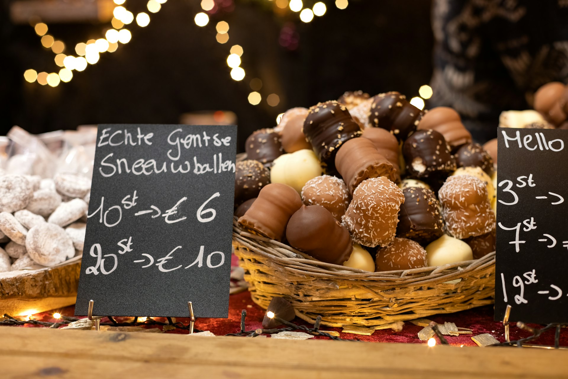 "Gentse sneeuwballen" - typical Belgium chocolates at the Christmas market in centrum of Ghent
