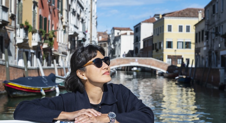 1461190044
40-49 years old, asian, asian ethnicity, boat, bridge, colour image, female, fourties, historic site, residential housing, sightseeing, travel destination, urban, venice, waterway, waterways