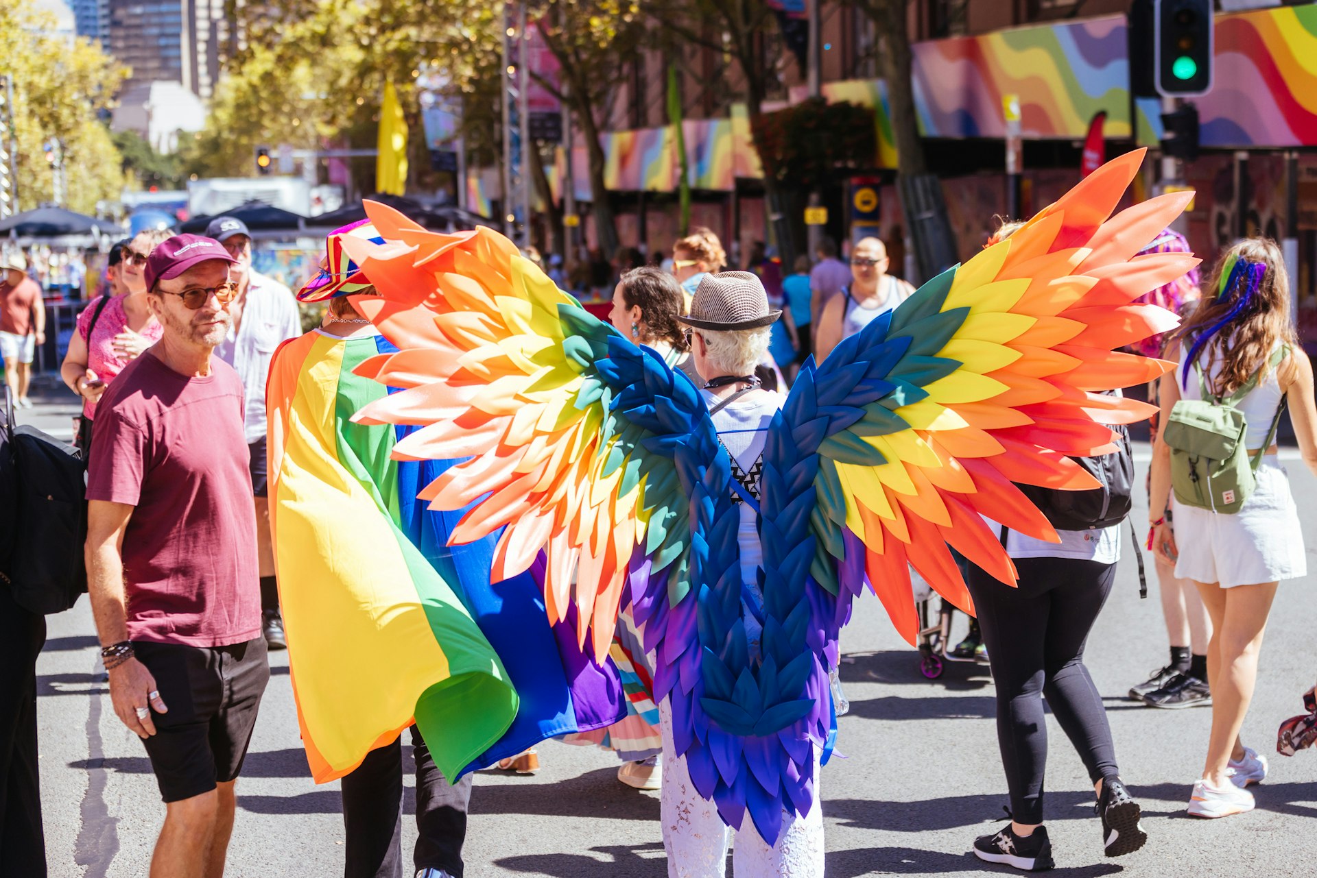 A carnival-goer is dressed up for the parade, with elaborate, colorful wings on their back