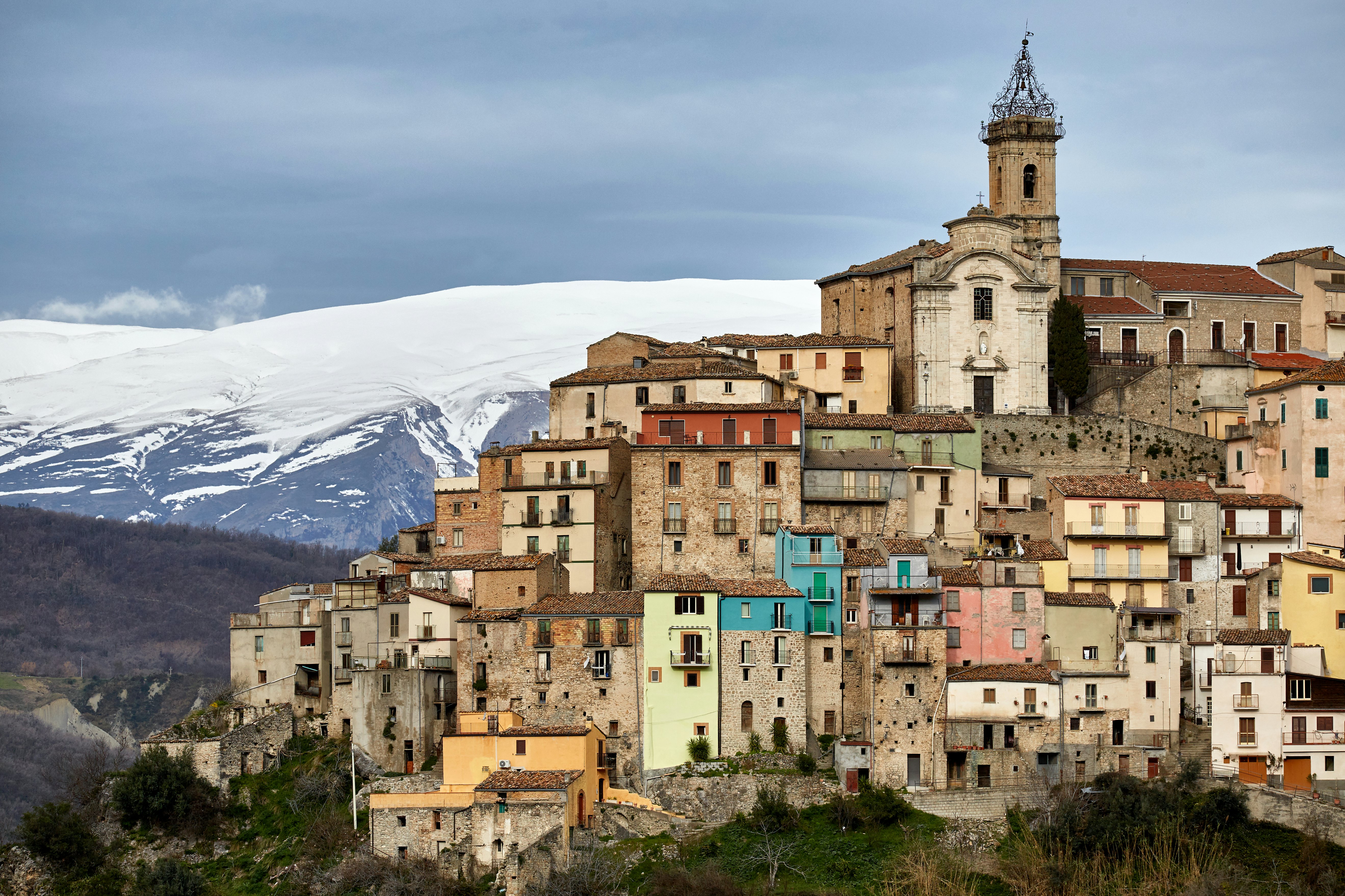 The village of Colledimezzo with mountains in the background, Abruzzo, Italy