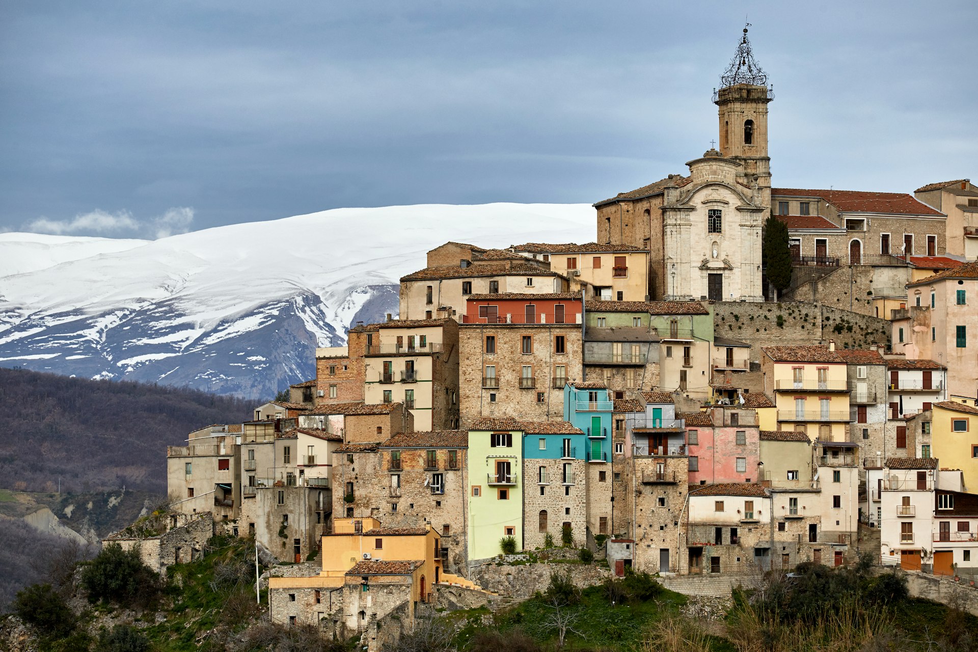 The village of Colledimezzo with mountains in the background, Abruzzo, Italy