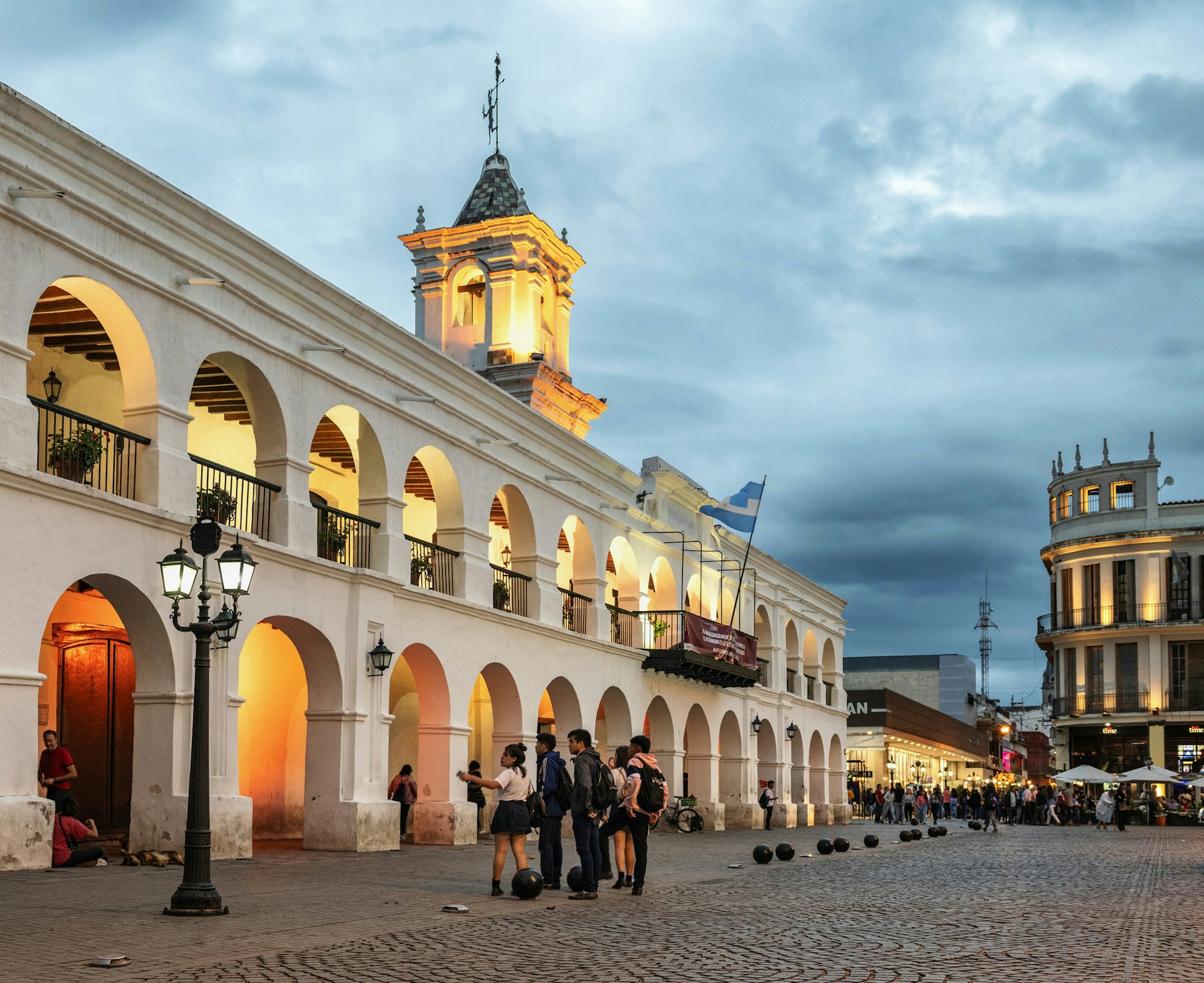 View of the arcade of the History Museum on the main square in the center of this Argentinian town early on a cloudy evening.