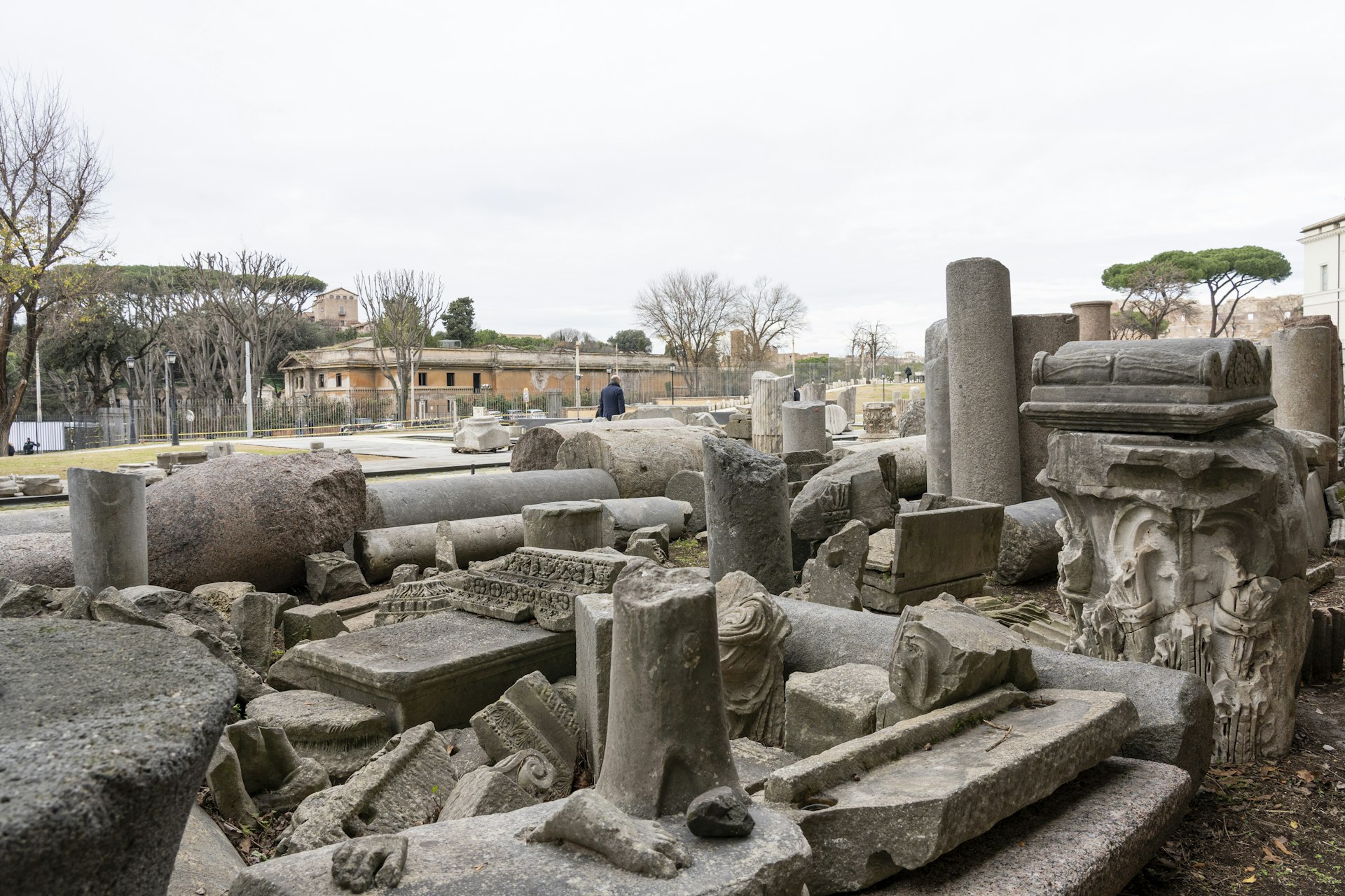 Carved marble blocks from the Ancient Rome are lined up during the opening of the Archaeological Park of Celio and 'Forma Urbis Museum'.
