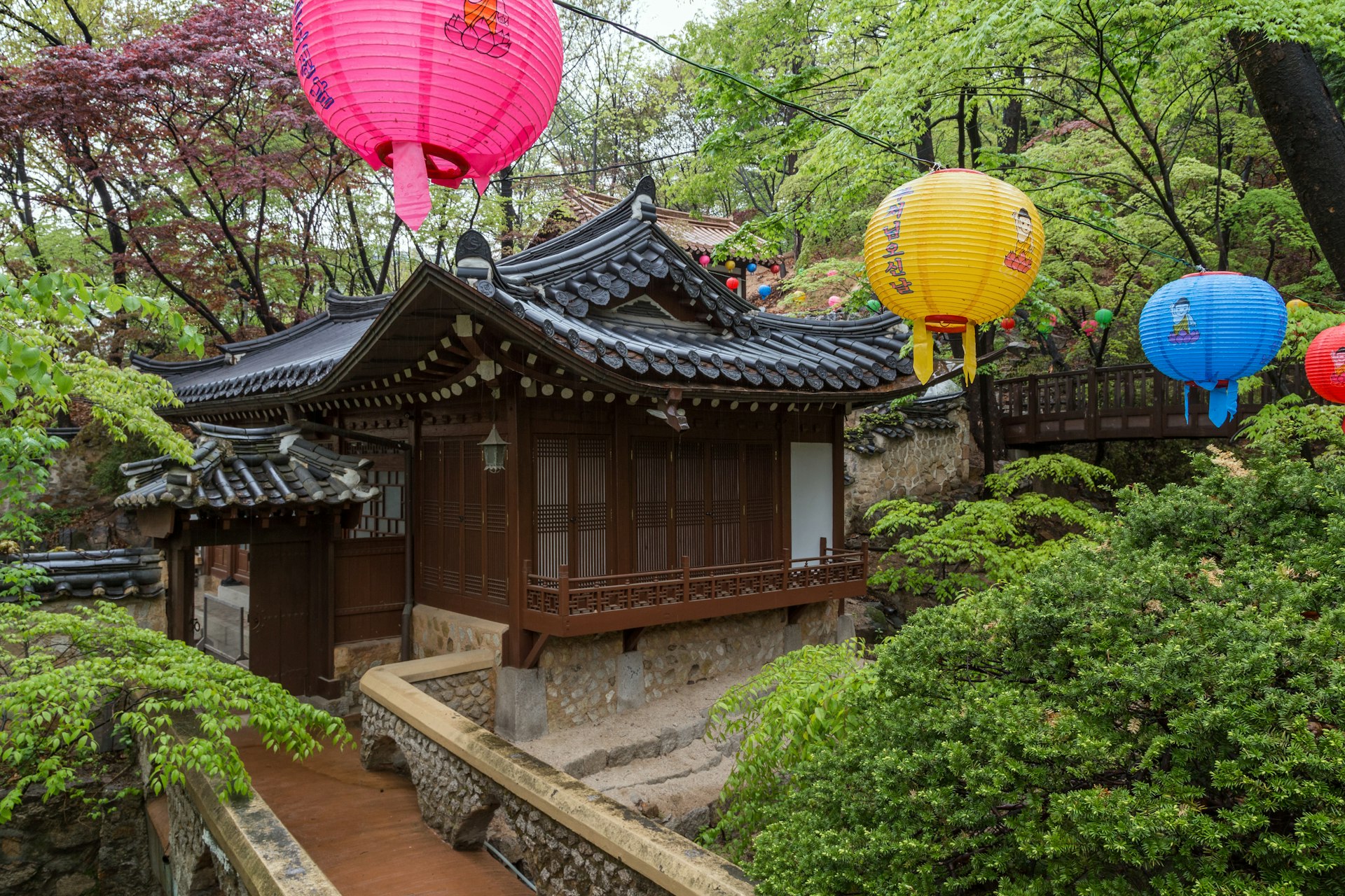 Colorful lanterns and Gilsangheon at Gilsangsa Temple, Seoul, South Korea