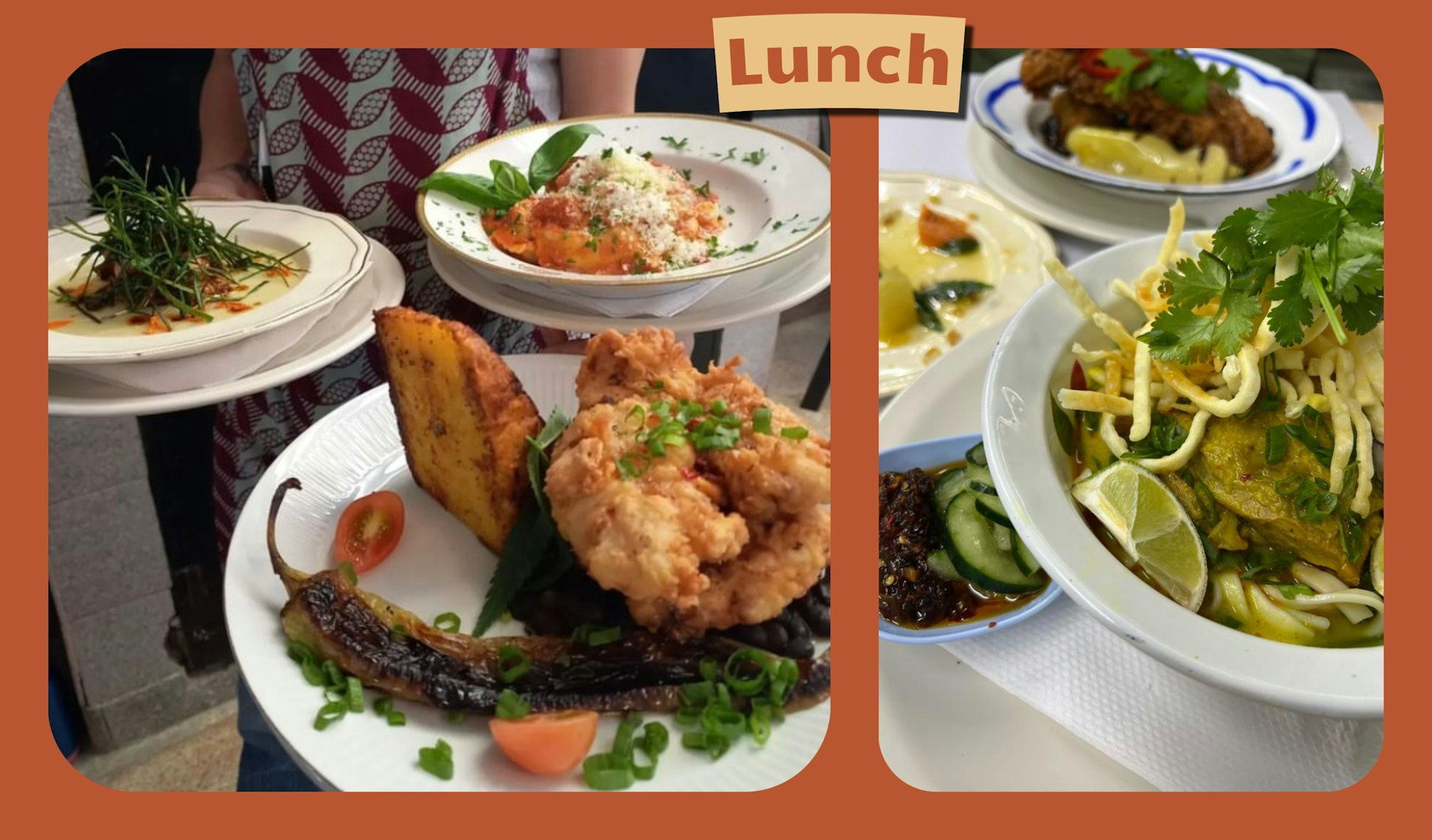 A collage of images of Latin American and Asian fusion lunch dishes from a restaurant in Buenos Aires