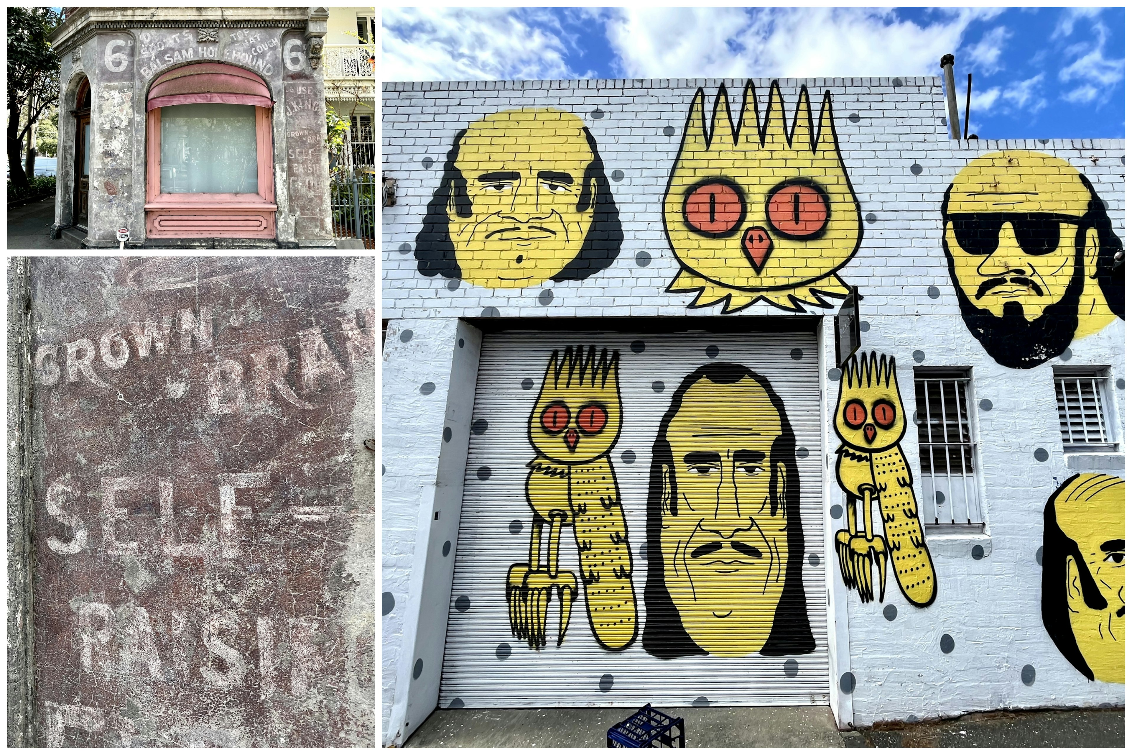 A collage of images showing an abandoned building in Melbourne with faded signage, as well as a wall of street art