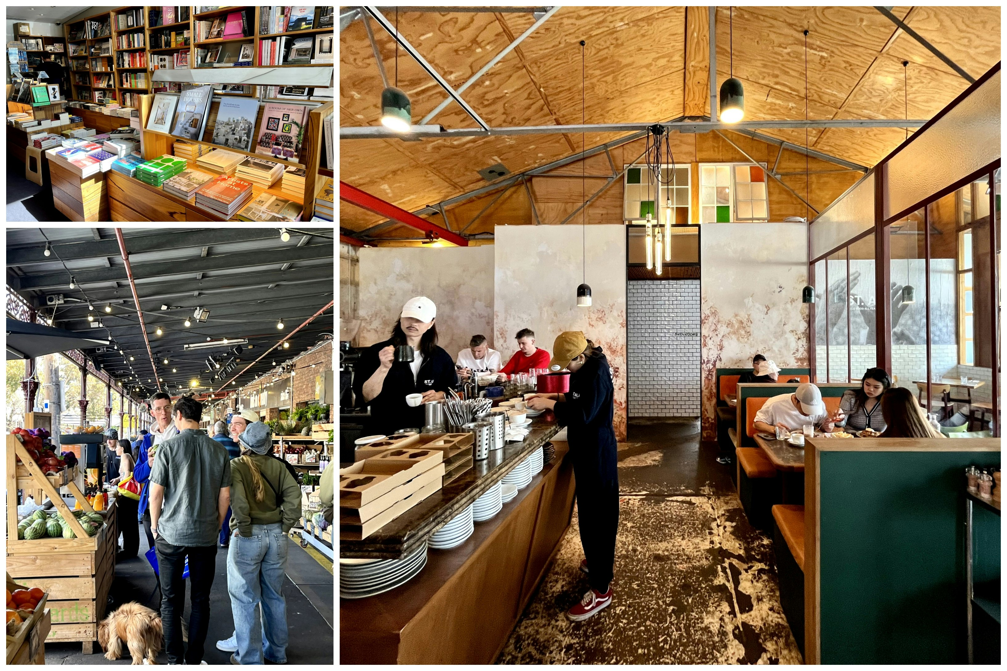 Daily snapshot of Melbourne life including an interior shot of a trendy cafe, a street market and a bookstore