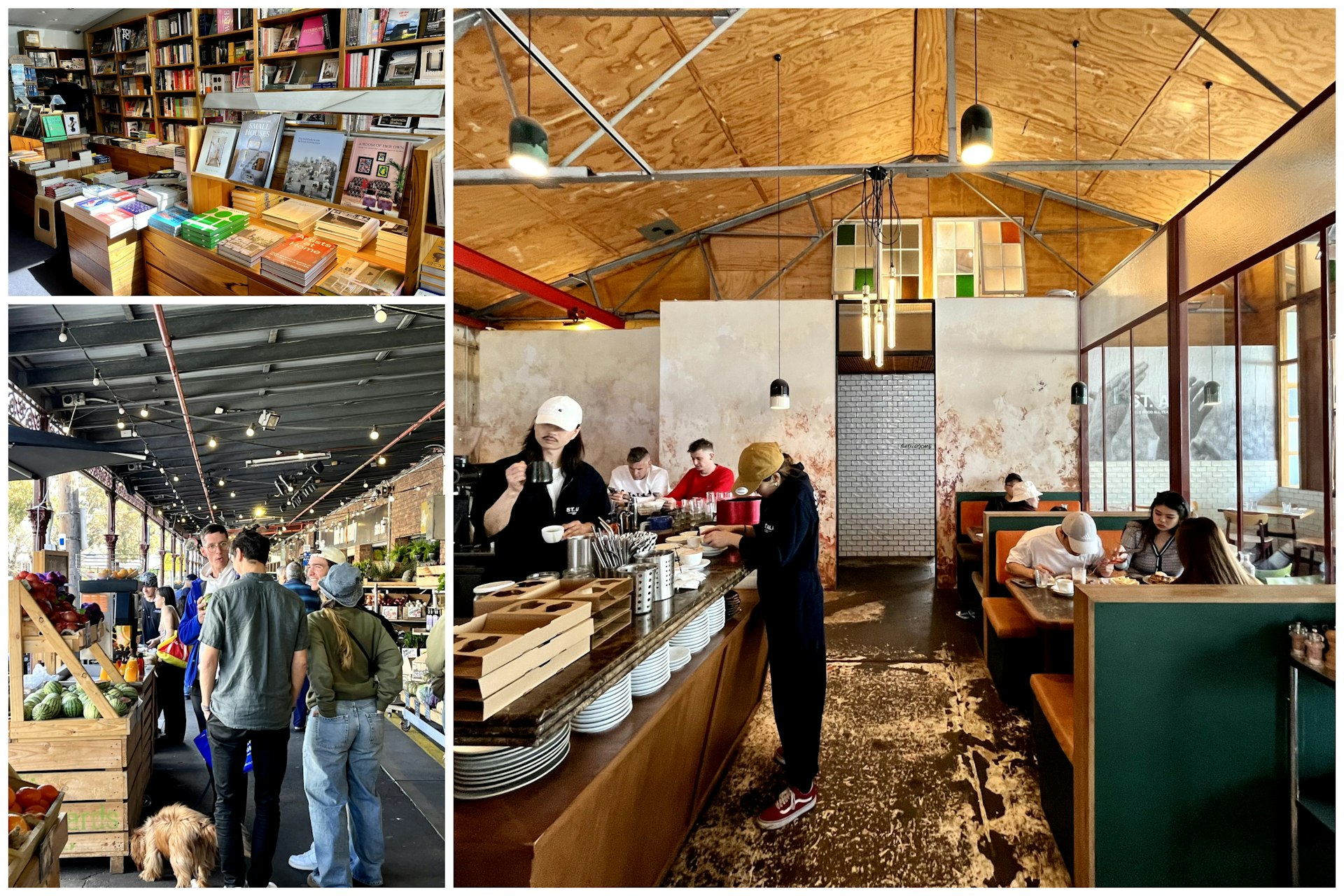 Daily snapshot of Melbourne life including an interior shot of a trendy cafe, a street market and a bookstore