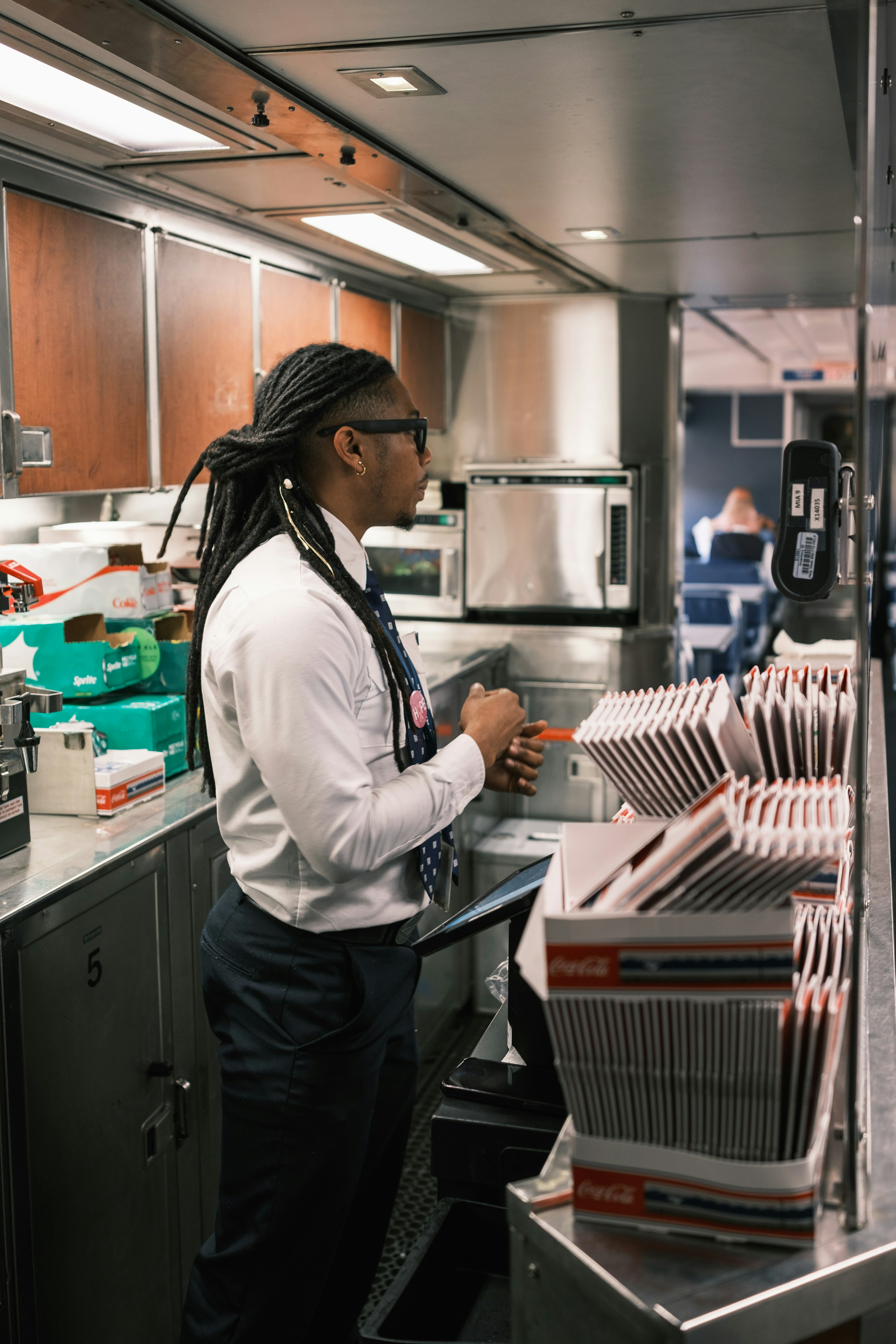 An attendant on the Silver Meteor works the dining car