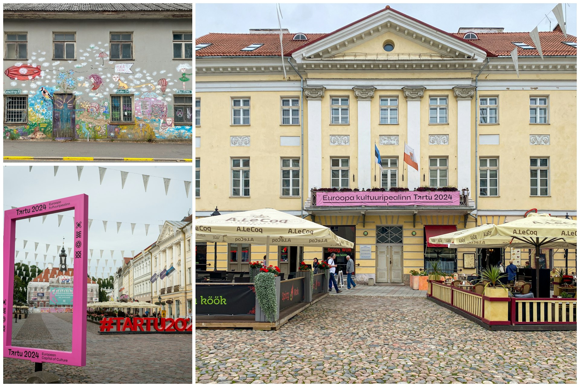 Tartu's colorful Town Hall and downtown derelict buildings decorated with street art