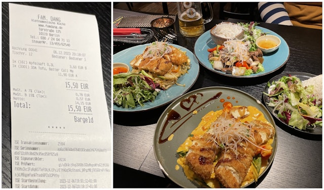 Vietnamese dinner at a restaurant in Berlin, feauturing colourful dishes displayed on a table