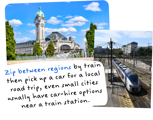 Zip between regions by train then pick up a car for a local road trip. Even small cities usually have car-hire options near a train station.