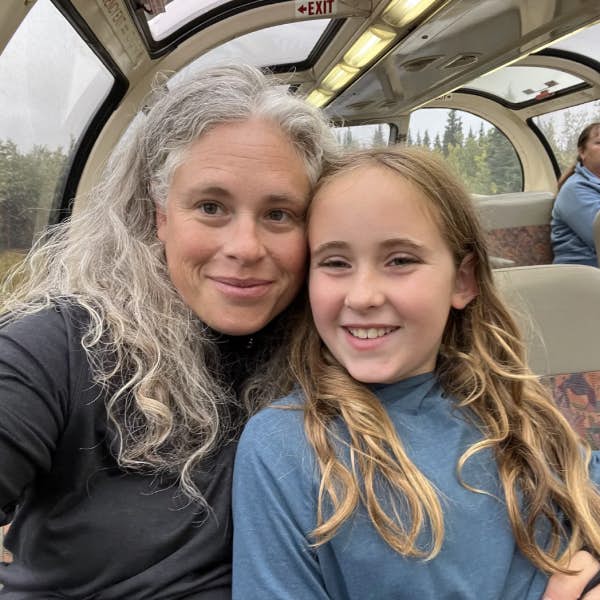 Sarah Stocking and daughter on a train in Alaska