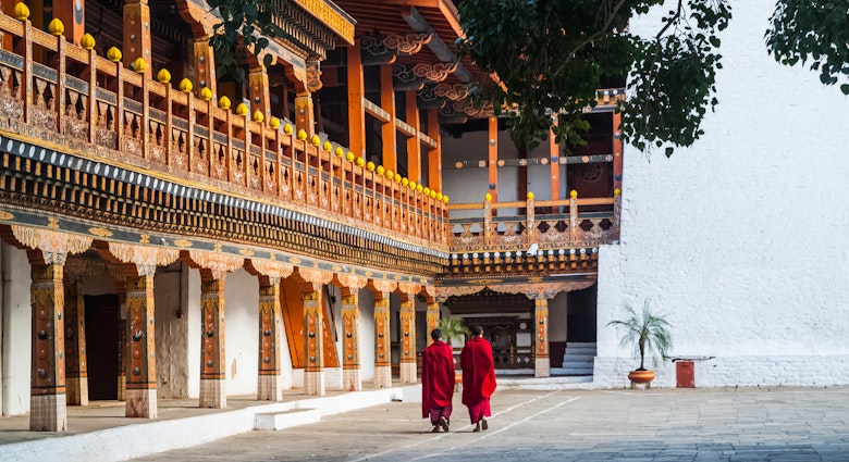 Two buddhist monks at Punakha Dzong, Bhutan