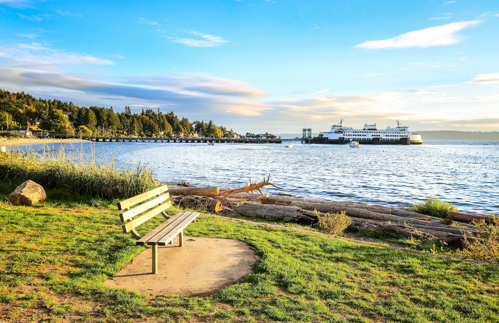 The beach with a ferry in the distance, Lincoln Park, Seattle, Washington, USA