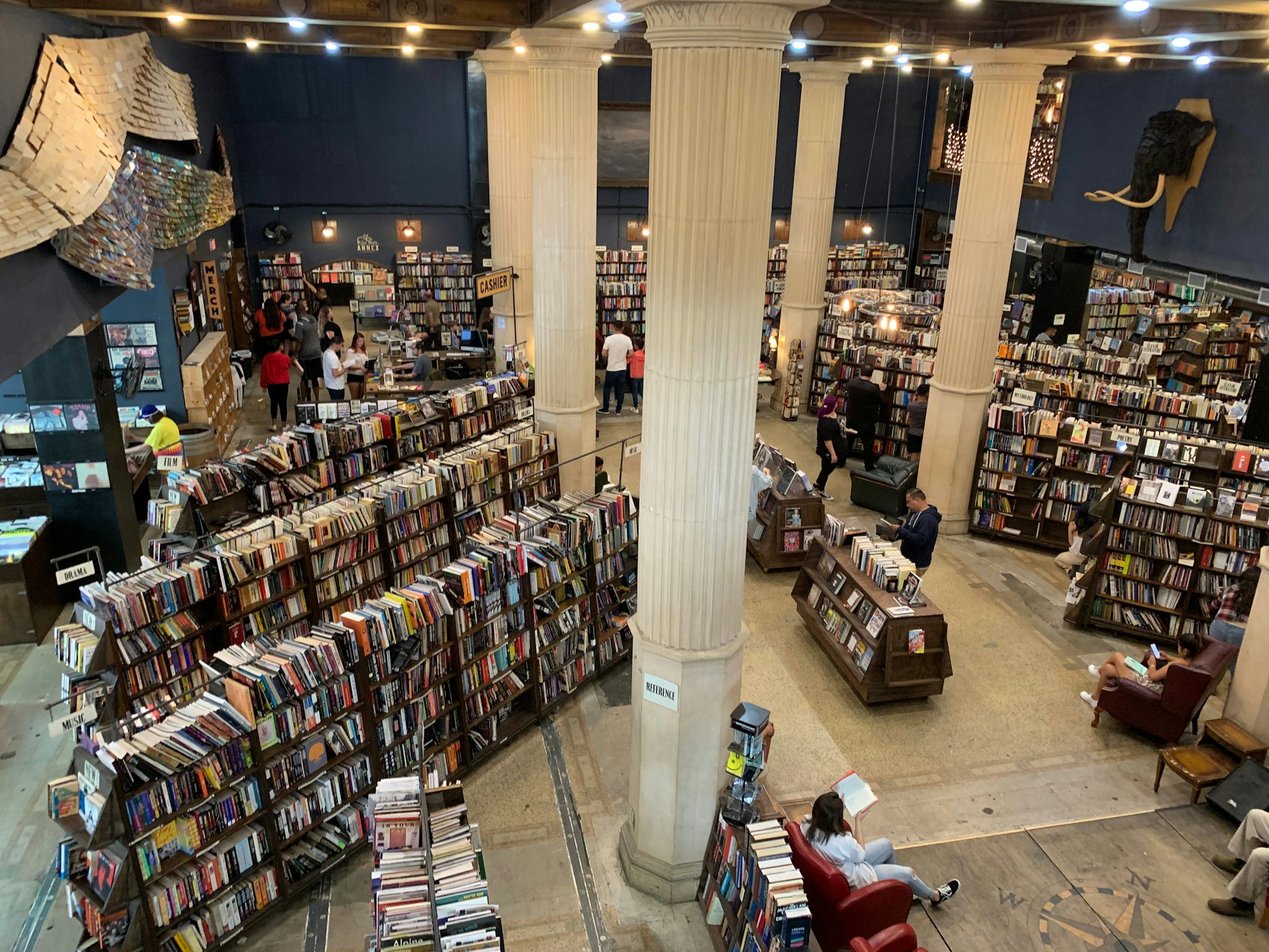 Displays of books in the grand atrium of The Last Bookstore, Downtown, Los Angeles, California, USA