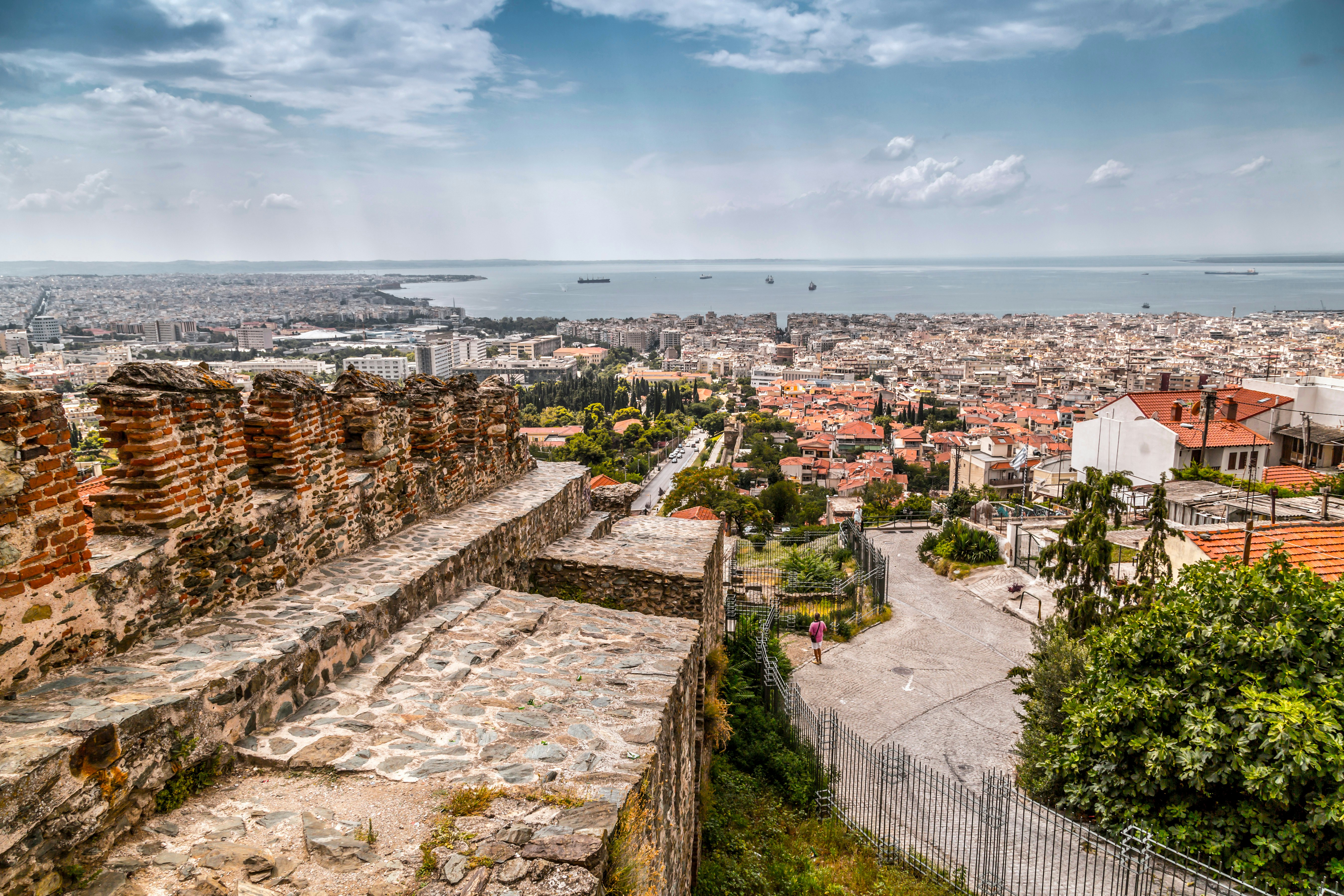 The view from the ancient walls of the castle and Trigonion Tower in the Ano Poli (old city), Thessaloniki, Macedonia Greece