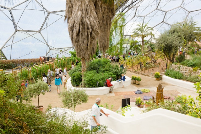 People visit the Mediterranean biome at the Eden Project, Cornwall, England, UK