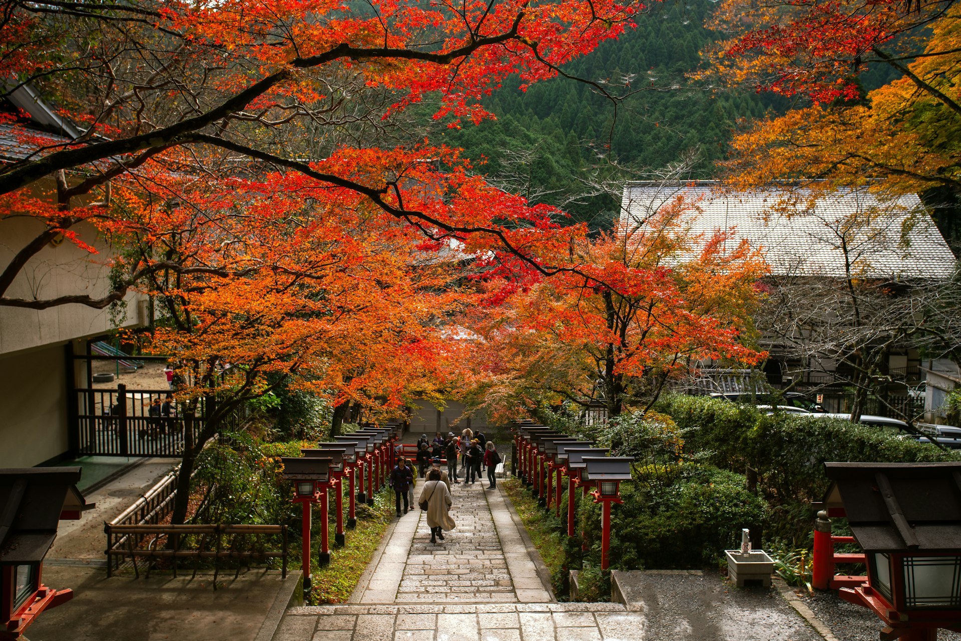 Tourists ascend the steps in fall at Kurama-dera temple, Kyoto, Japan