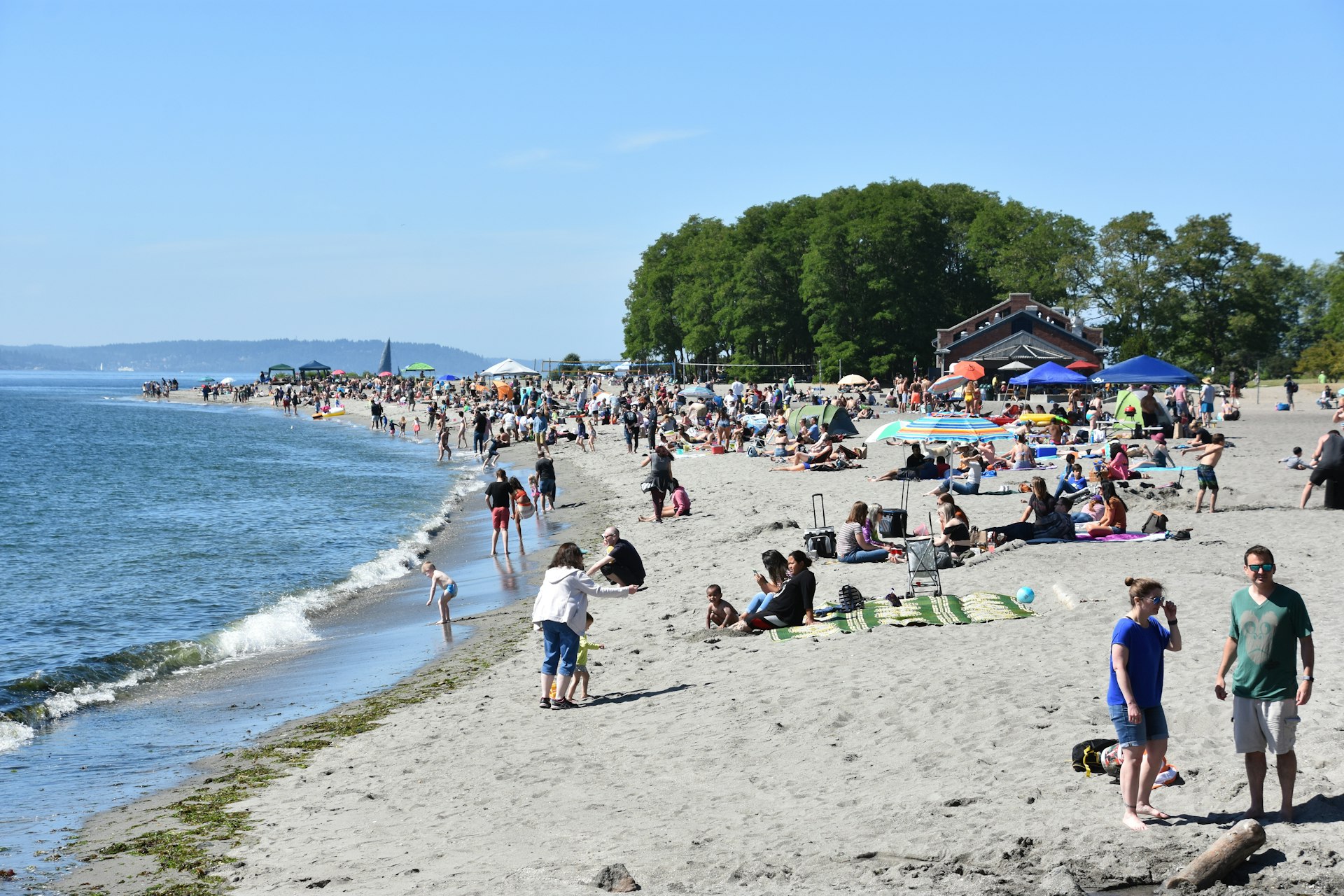 Many people on the beach at Golden Gardens Park, Seattle