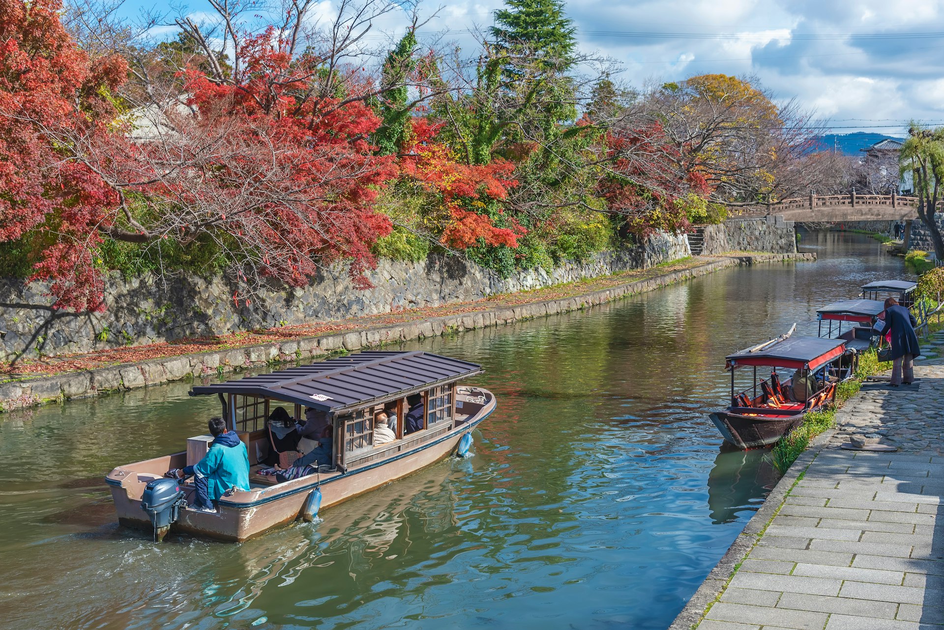 A boat in Hachiman-bori canal in autumn, Ōmihachiman, Japan