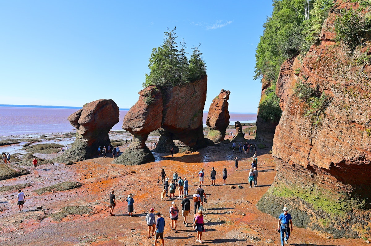 BAY OF FUNDY NEW BRUNSWICK CANADA 08 15 2022: Park visitors explore the ocean  floor at low tide. Hopewell Rocks Park in Canada, located on the shores of the Bay of Fundy in the North Atlantic Ocean; Shutterstock ID 2197715175; full: 65050; gl: 65050; netsuite: poi; your: Barbara Di Castro
2197715175