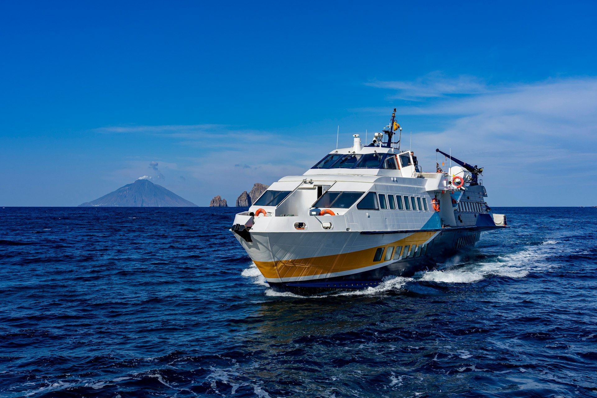 A fast ferry in the water near Lipari, Aeolian Islands, Italy