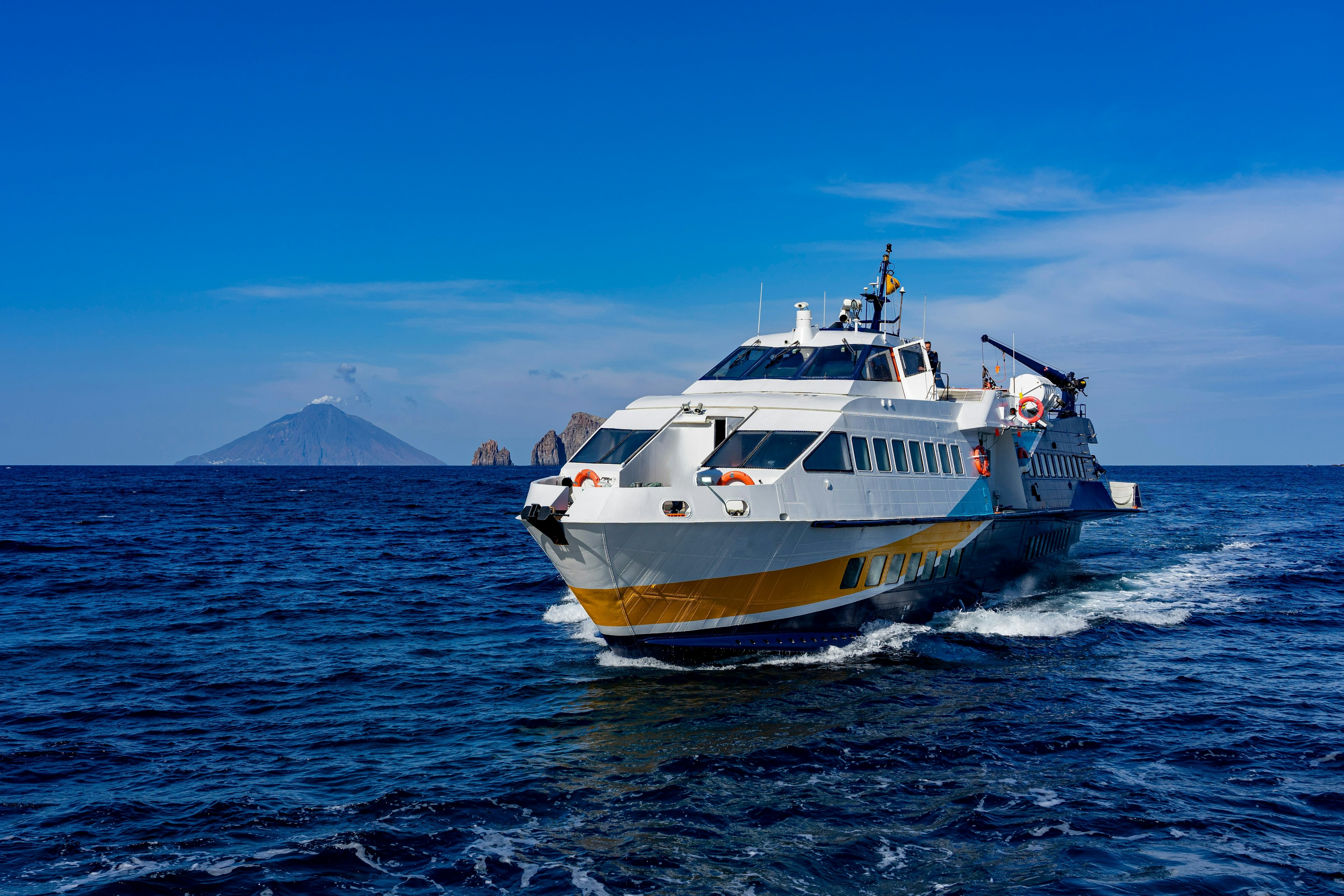 A fast ferry in the water near Lipari, Aeolian Islands, Italy