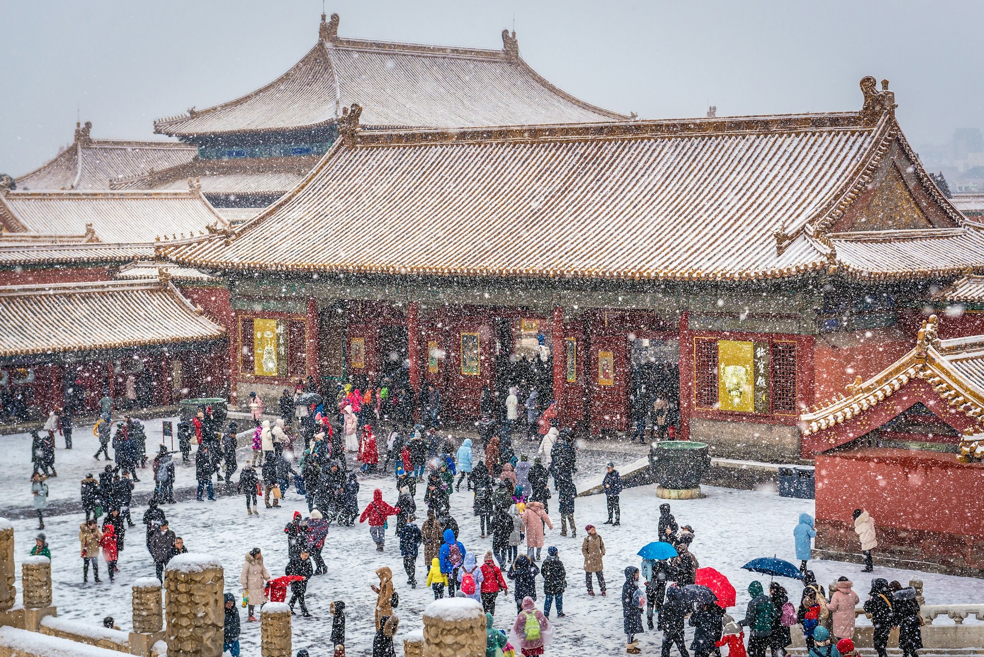 As side gate of the Hall of Preserving Harmony on a snowy day, Forbidden City, Beijing, China
