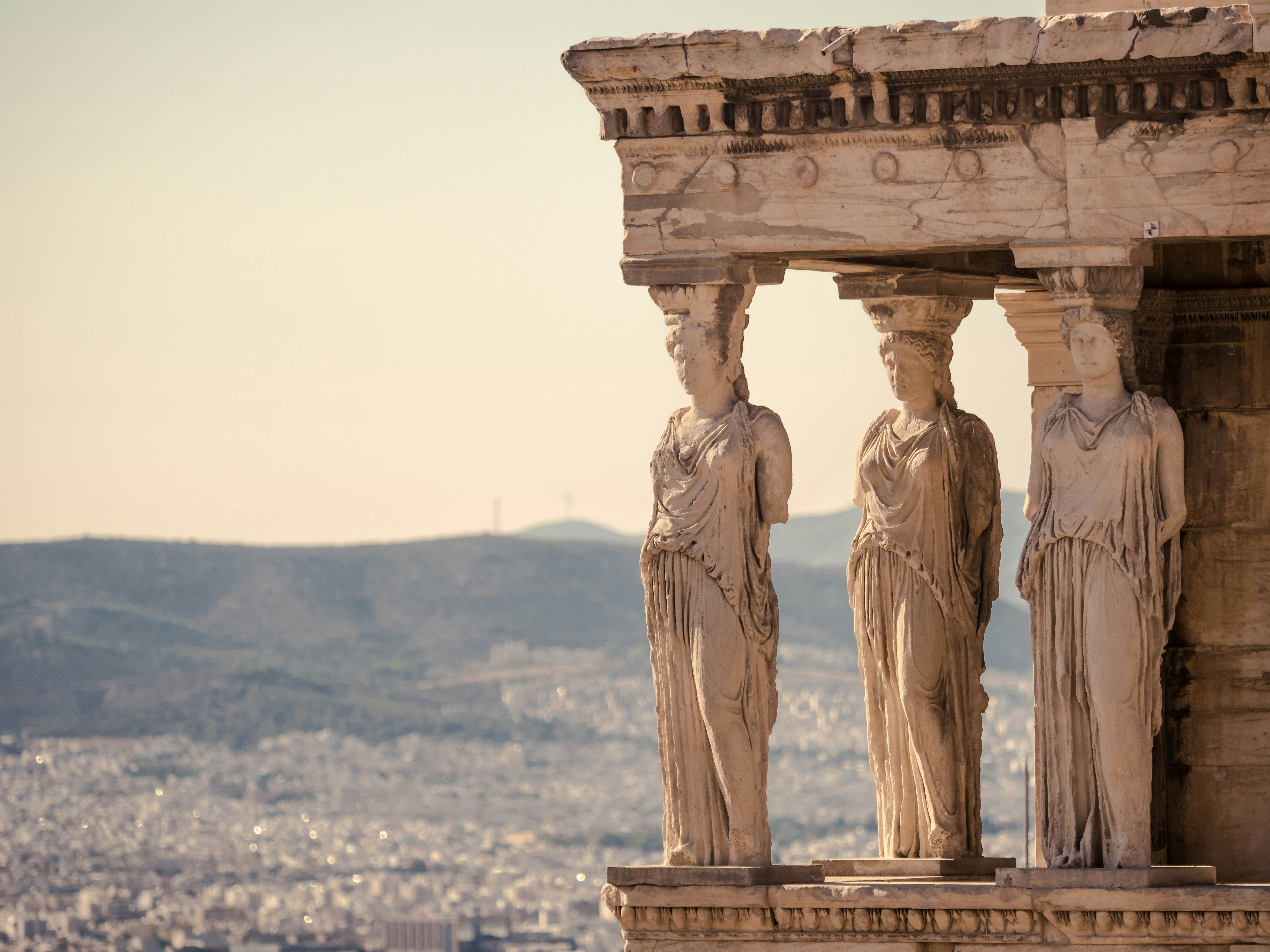 The Caryatids of the Parthenon at sunset in Athens, Greece