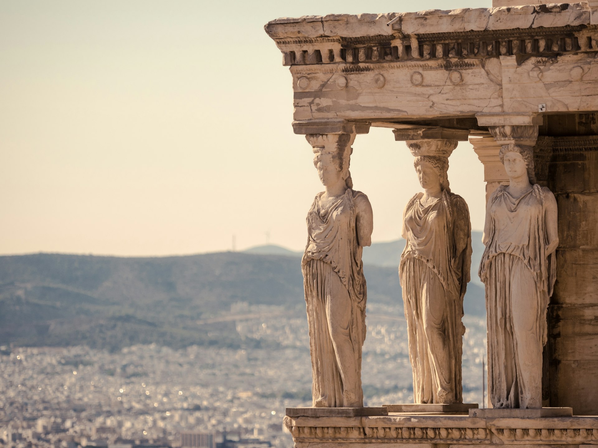 The Caryatids of the Parthenon at sunset, the Acropolis, Athens, Greece
