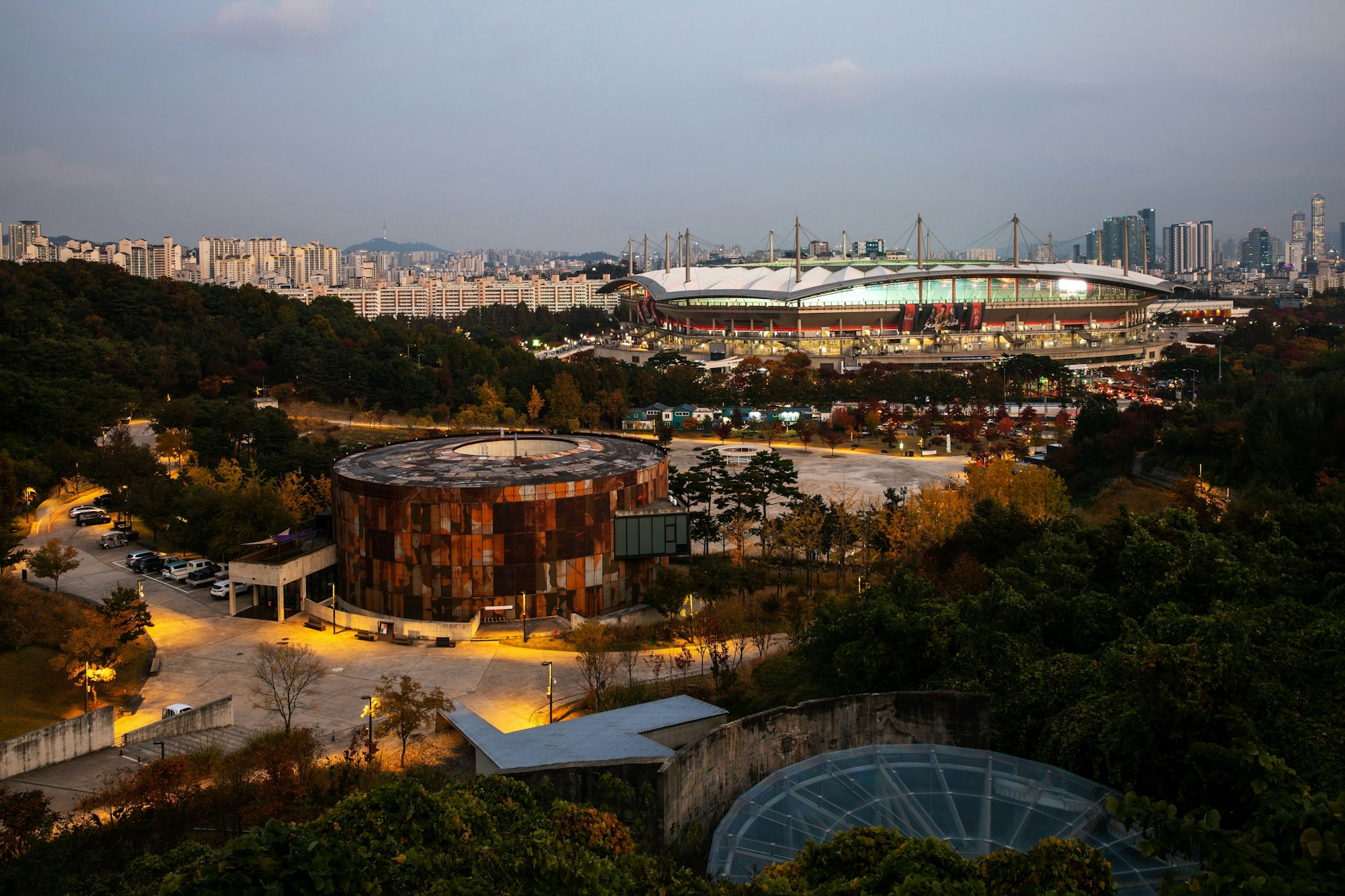 Parkland backed by a stadium building, Seongsan-dong, Mapo-gu, Seoul, South Korea