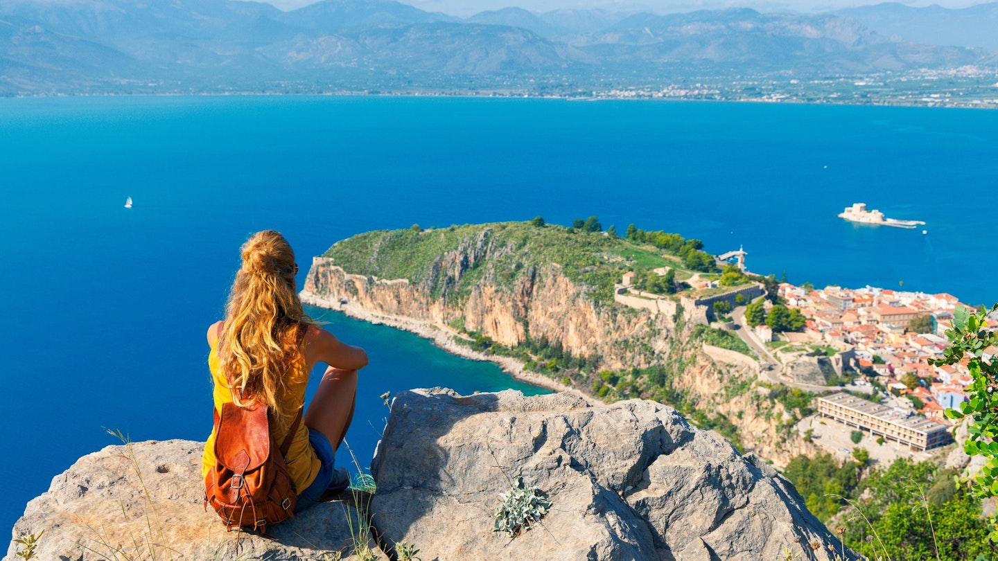 Rear view of female tourist sitting and looking at town of Nafplio city from Palamidi castle in Peloponnese. Greece; Shutterstock ID 2386371447; full: 65050; gl: Online editorial; netsuite: Athens day trips; your: Claire Naylor
2386371447