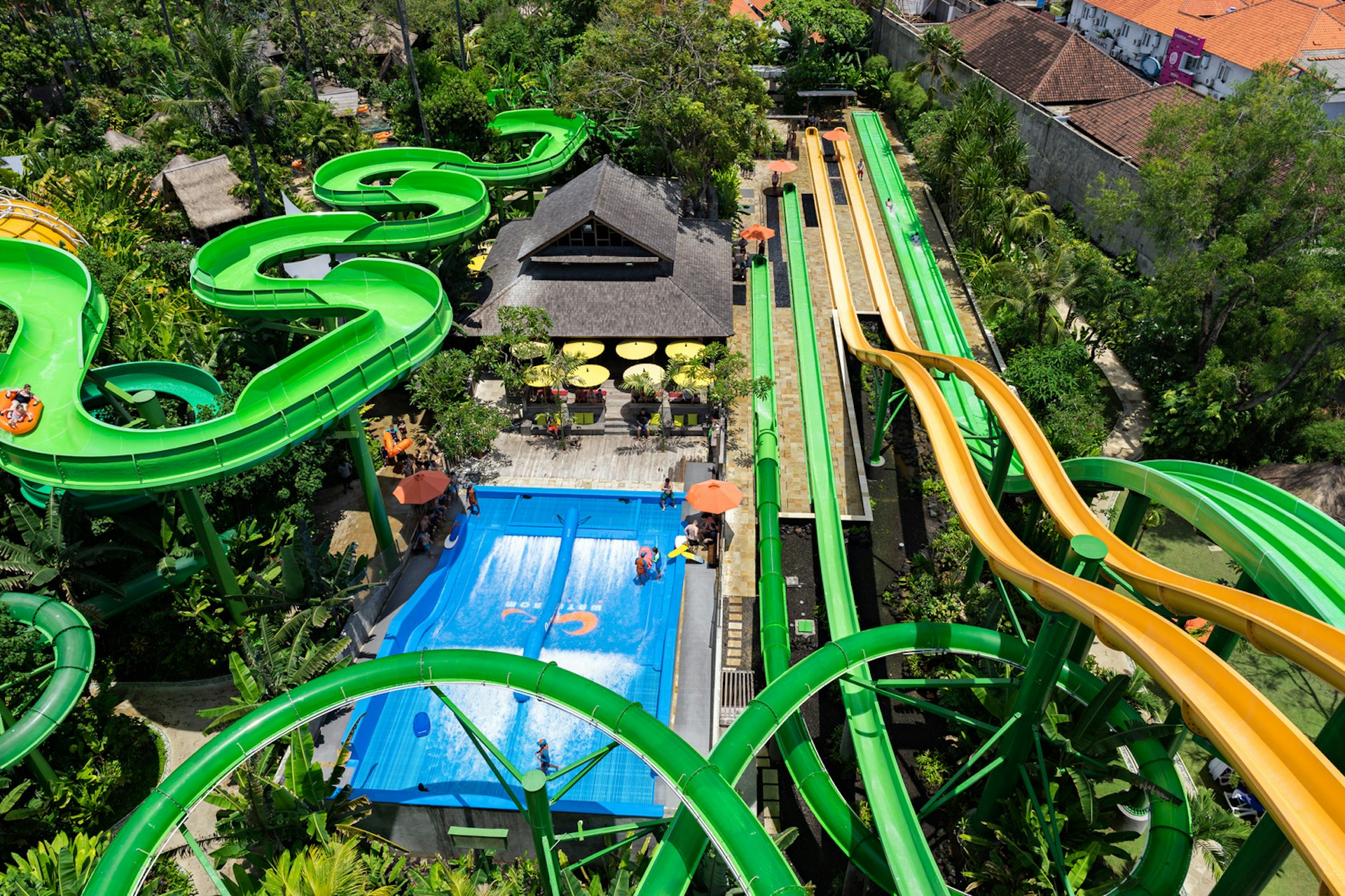 Coasters, waterslides and water rides in a water park