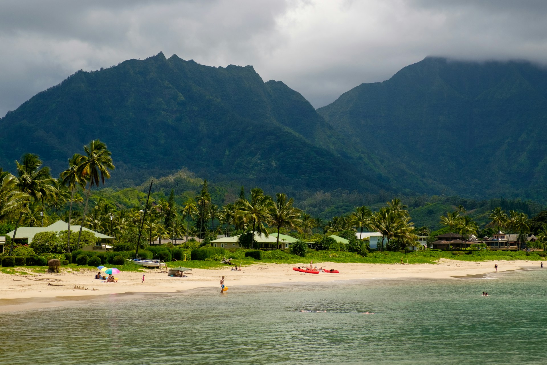 Palm trees and lush forest backs the white-sand beach of Hanalei Bay in Kaua‘i, Hawaii, USA