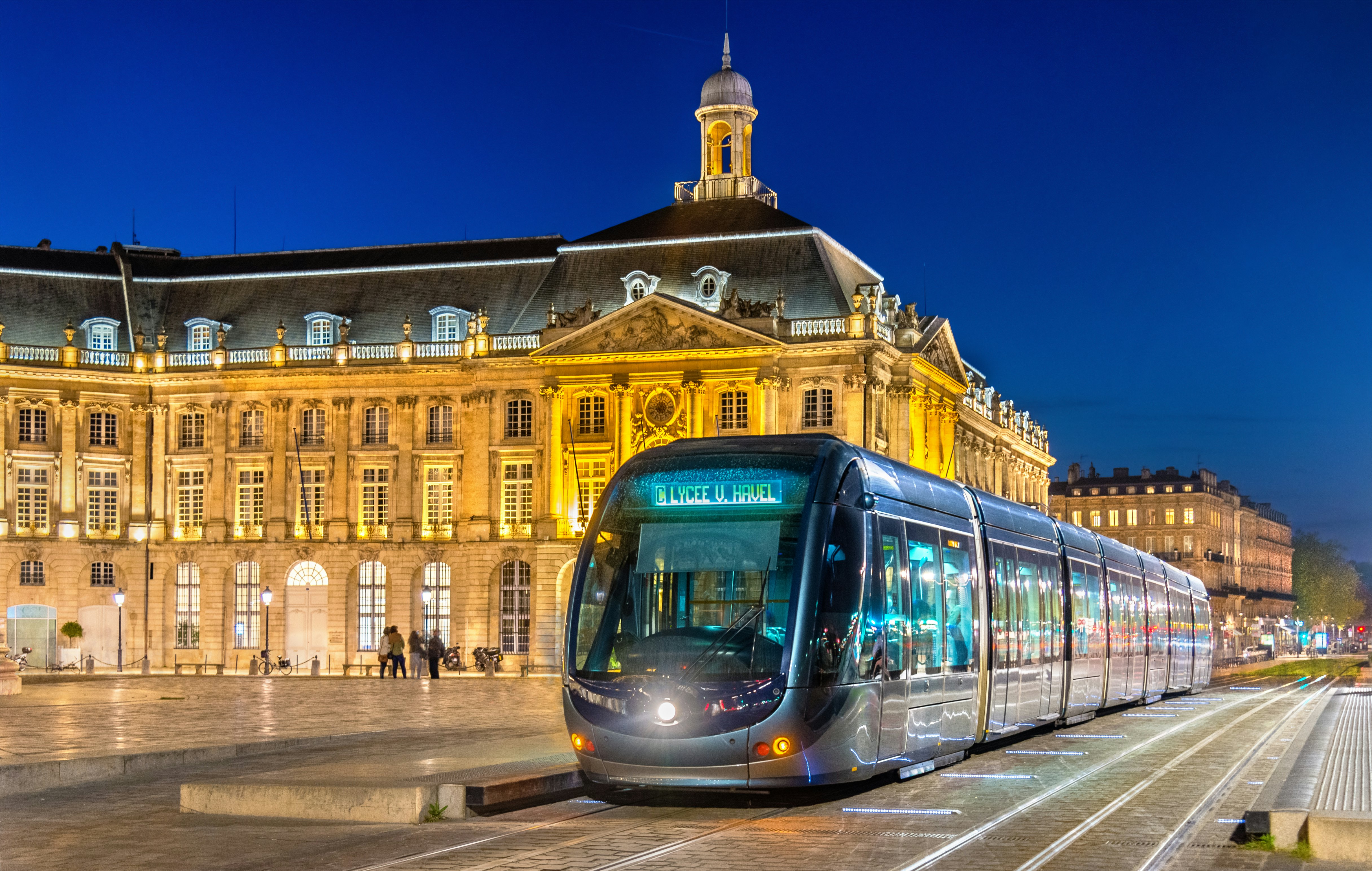 A tram on site of the Stock Exchange in Bordeaux, Aquitaine, France