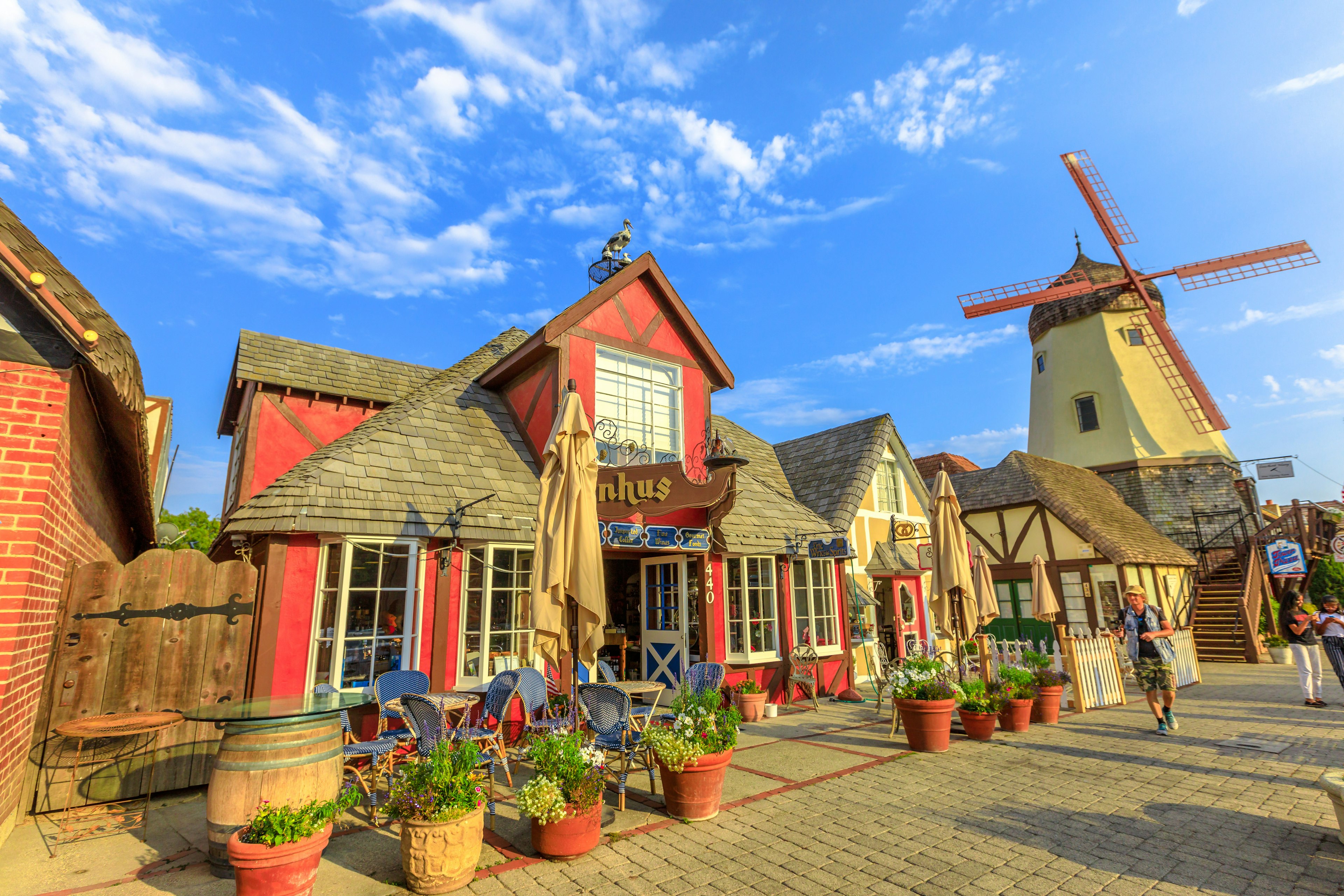 Old Windmill and building at Solvang in the Santa Ynez Valley. Solvang is a Danish Village with typical architecture.