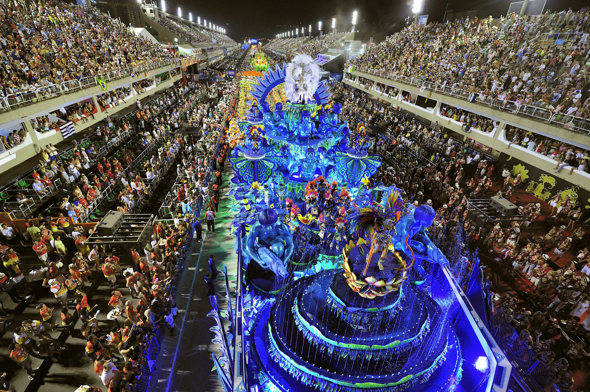 A samba school parading in the Sambódromo (Sambadrome) carnival stadium, with 90,000 spectators during the world-famous carnival in Rio de Janeiro, Brazil.