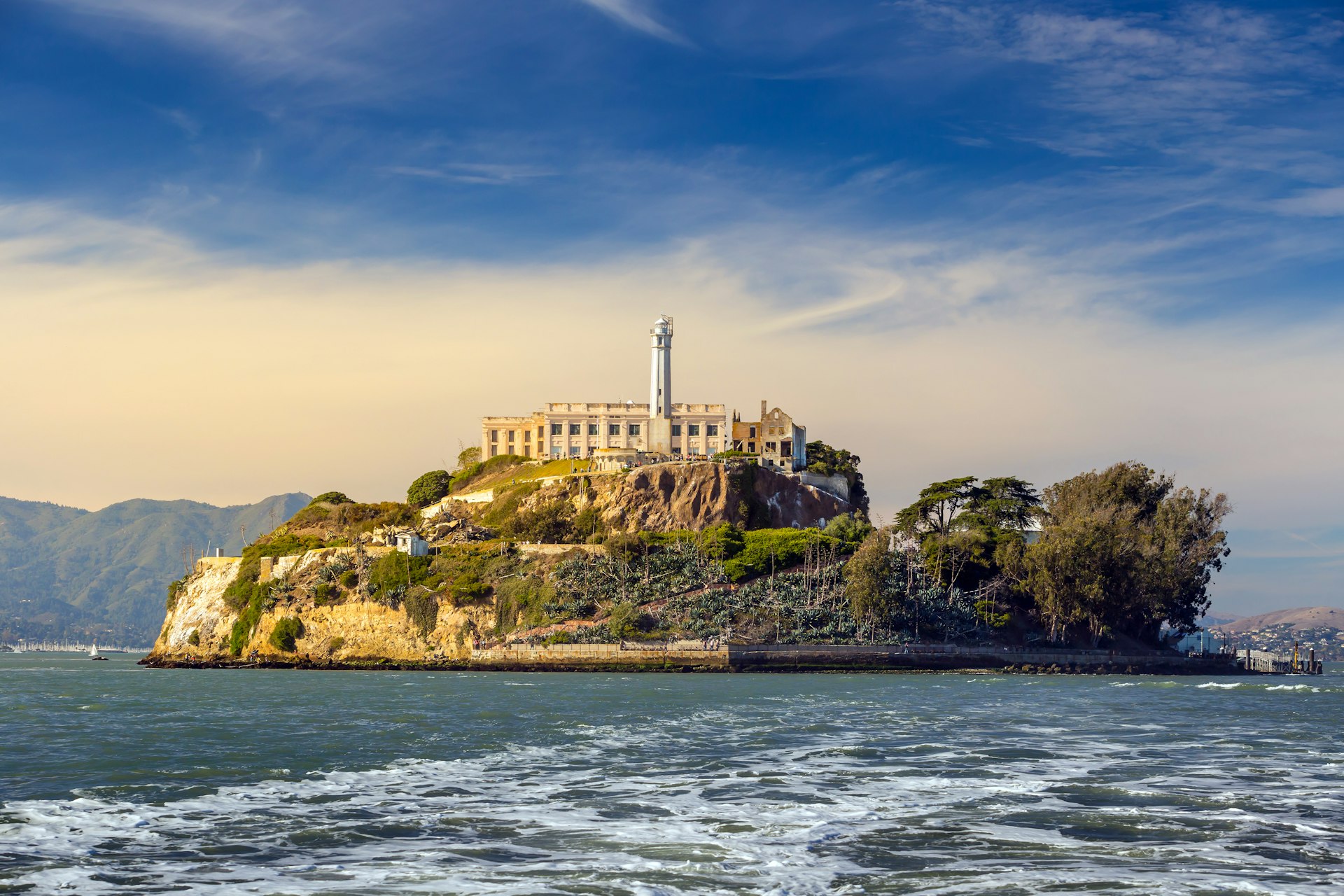 A view of Alcatraz Island in San Francisco, USA, taken from a boat.