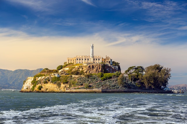 A view of Alcatraz Island in San Francisco, USA, taken from a boat.