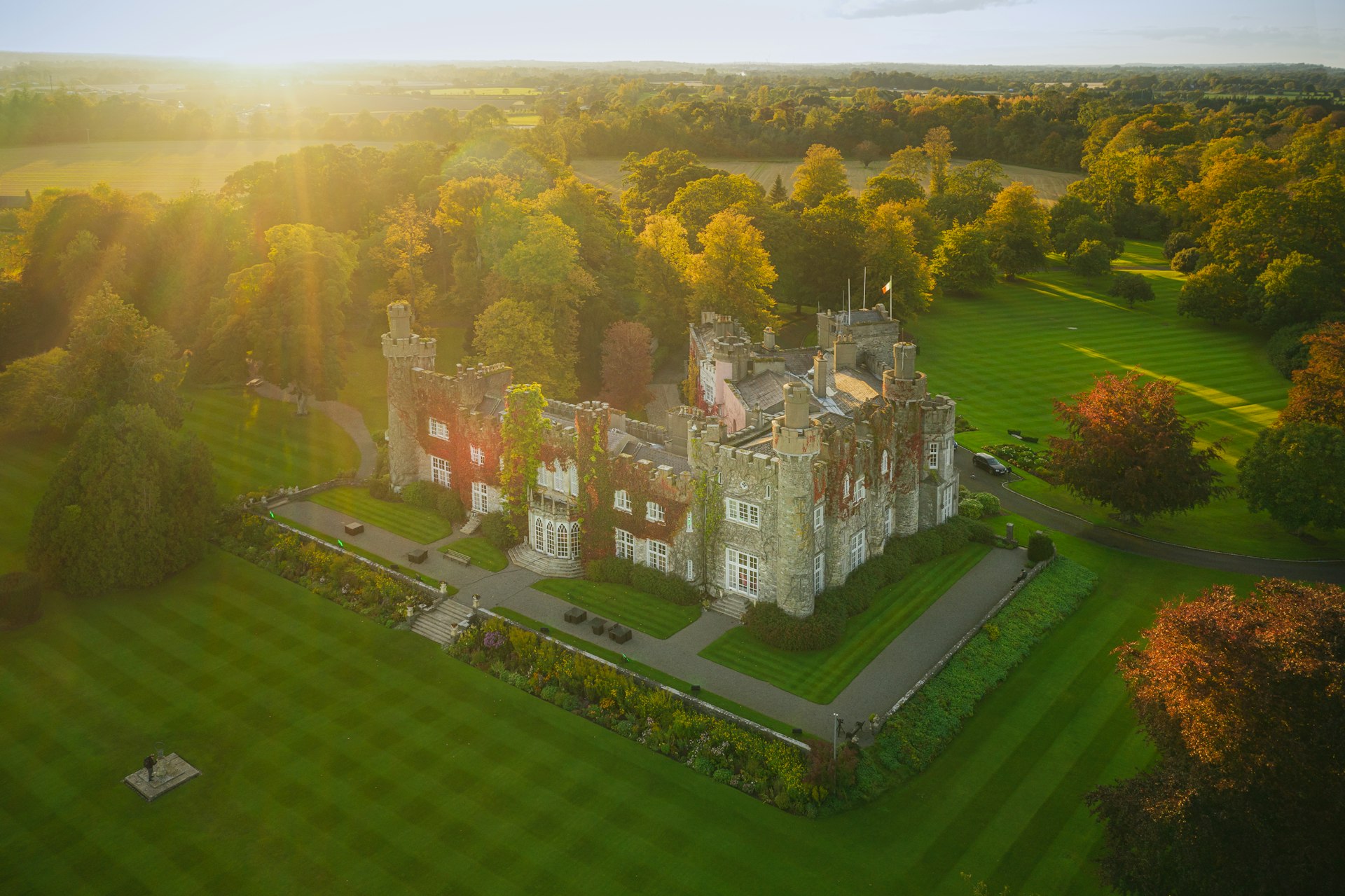 An aerial view of the 15-century Luttrellstown Castle, Ireland in the morning sunshine in Dublin