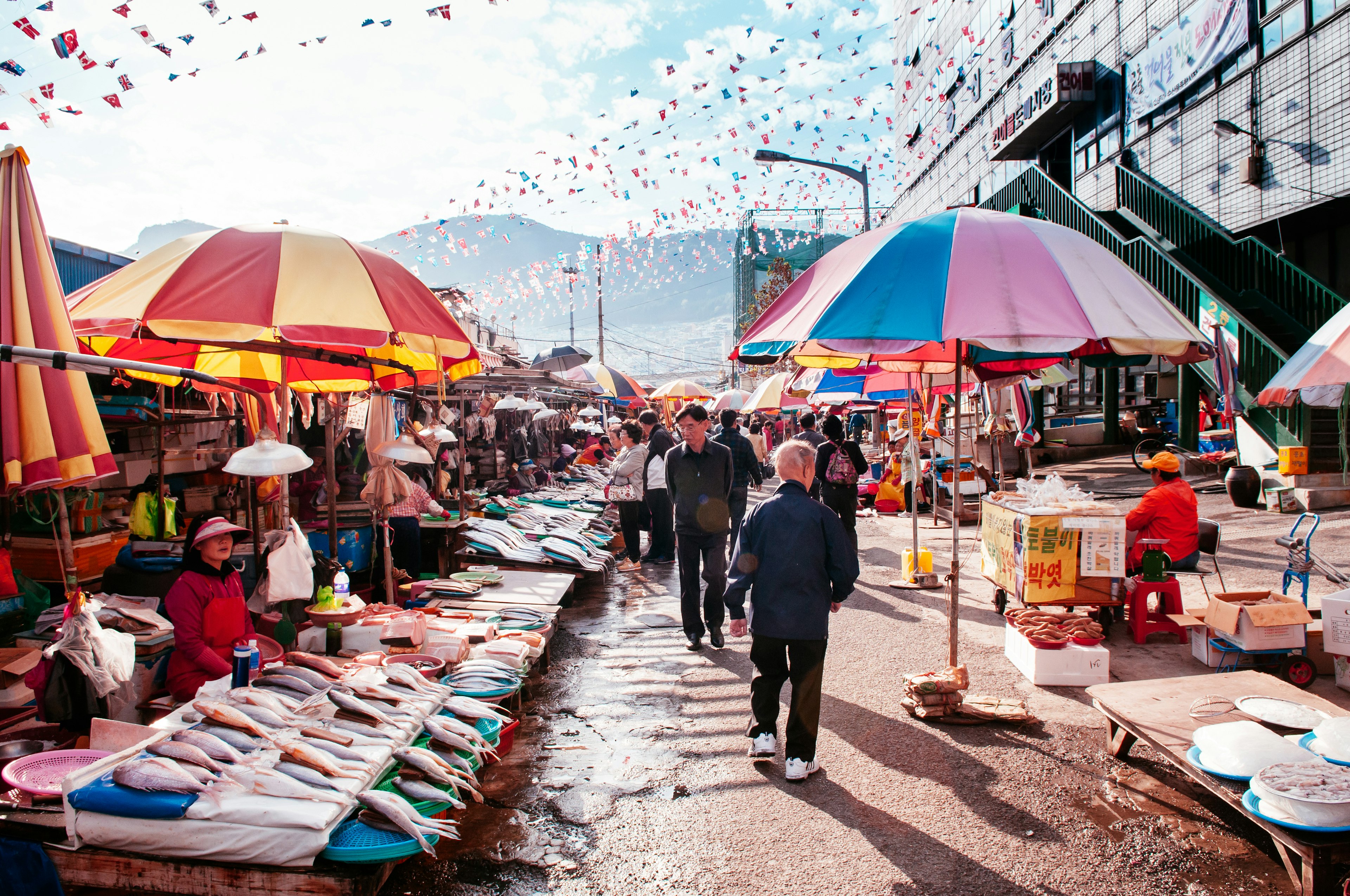 Various fish stalls and colourful umbrellas at Jagalchi Fish Market, Busan's most famous tourist attraction