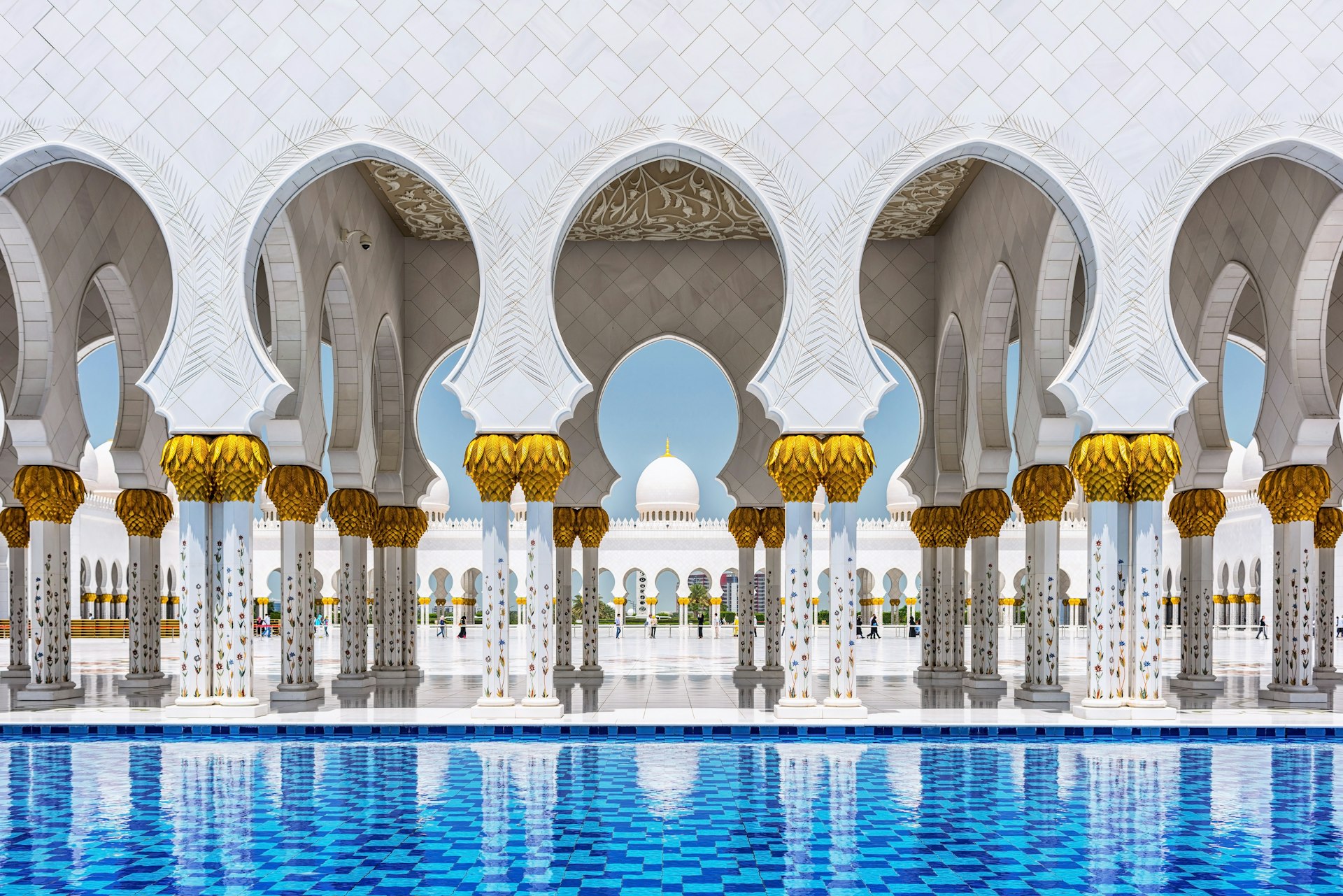 A set of arches at Sheikh Zayed Grand Mosque in Abu Dhabi, United Arab Emirates