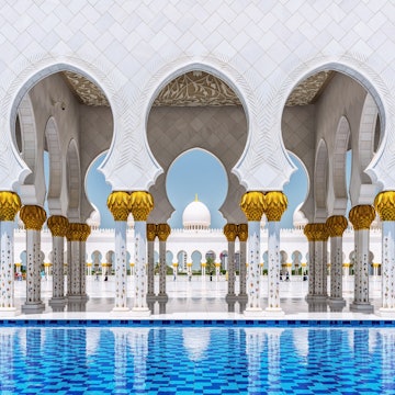 Sheikh Zayed Grand Mosque in Abu Dhabi, United Arab Emirates
Sheikh Zayed Grand Mosque, Abu Dhabi, Abu Dhabi Emirate, United Arab Emirates, Persian Gulf States, Middle East, Southwest Asia, Asia, Arabia, outdoors, daytime, nobody, building, architecture, travel, travel destinations, building exterior, column, pillar, support, pool, water, reflection, arch, mosque, place of worship, place of interest, landmark