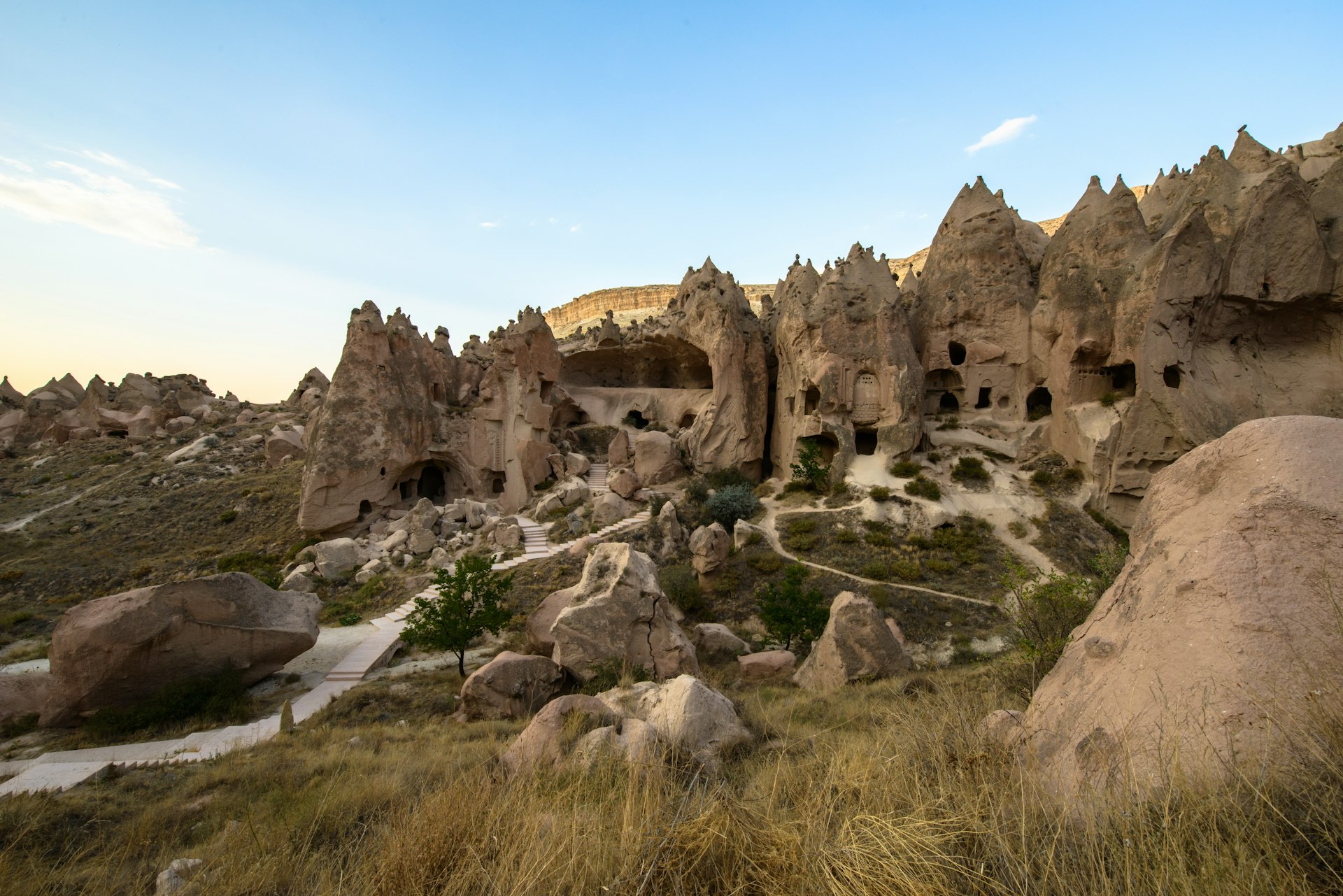 View of the Caves of Zelve Open Air Museum, Capadocia, Turkey from afar