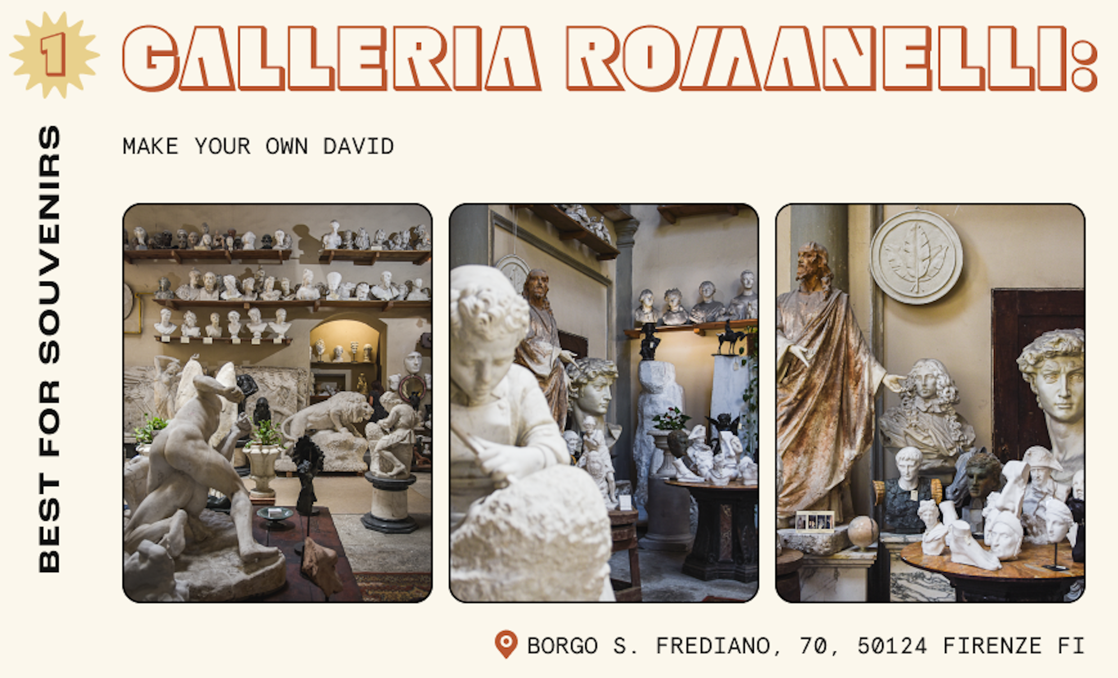 A studio and shop in Florence selling marble statues of historic figures and animals