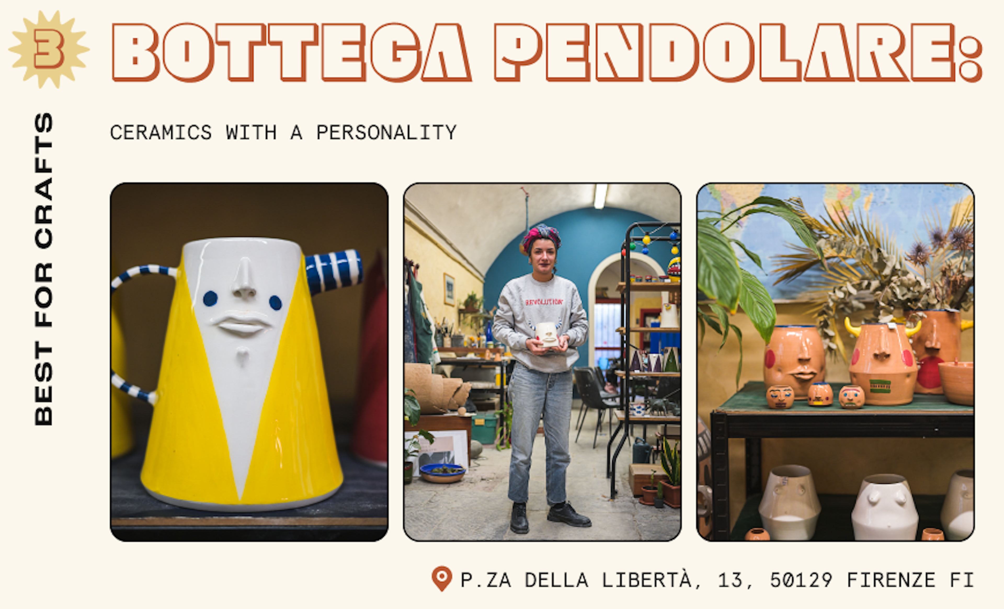 A ceramics studio in Florence featuring photos of the owner holding a clay pot and ceramics painted with faces and other unusual features