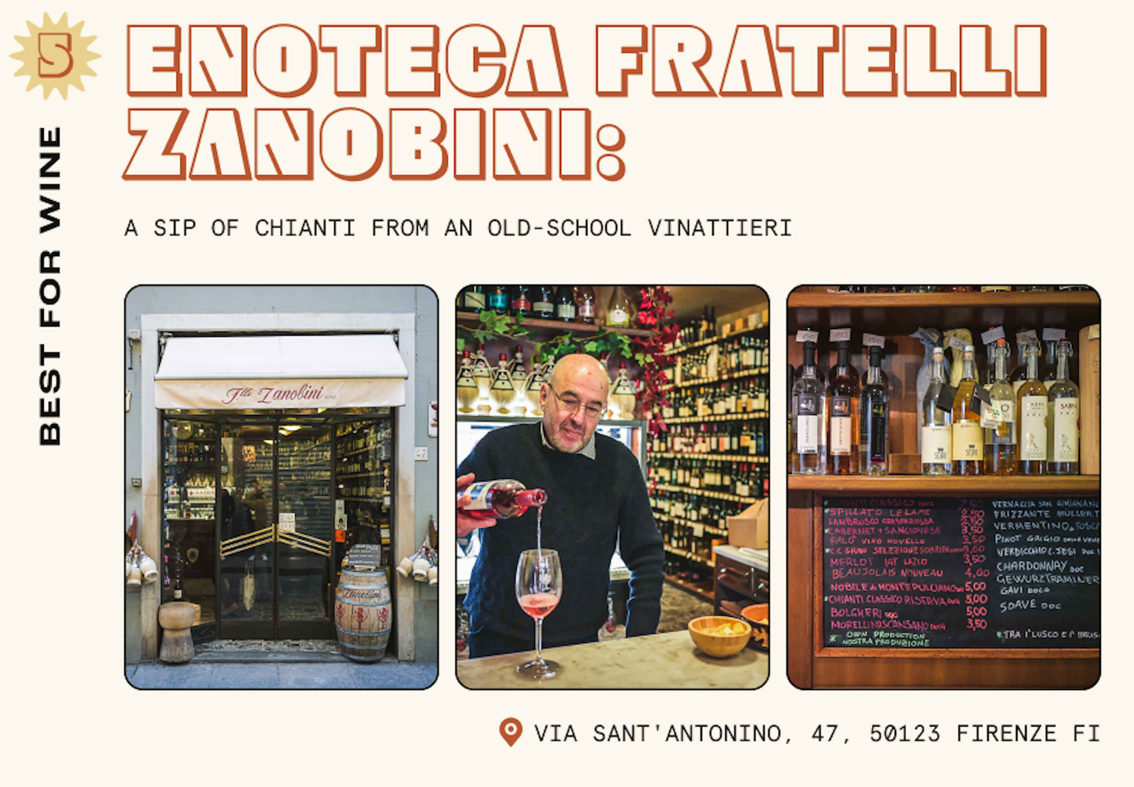 An old-school wine shop in Florence with a photo of the elderly owner pouring a glass of wine